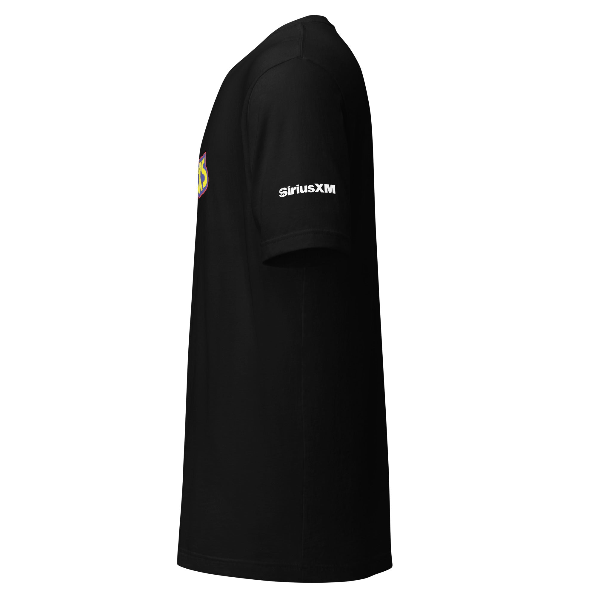 Black short sleeve t-shirt featuring 'SiriusXM' logo on the sleeve. Side View.