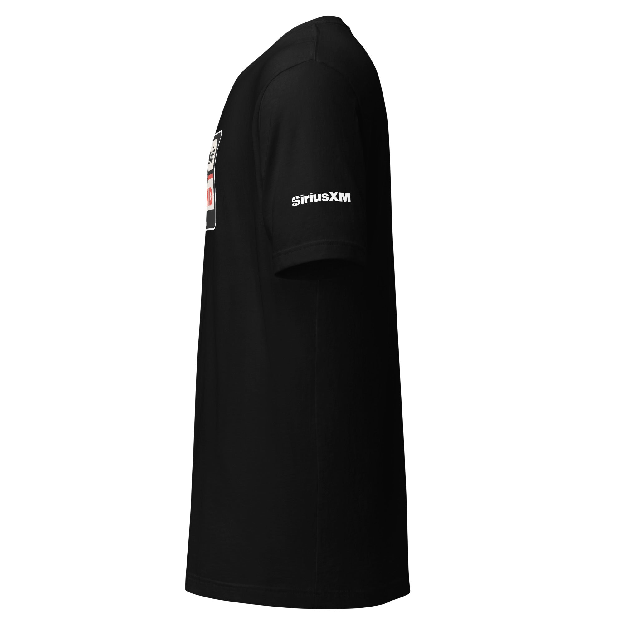 Black t-shirt shown from the side featuring 'SiriusXM' logo on the sleeve.
