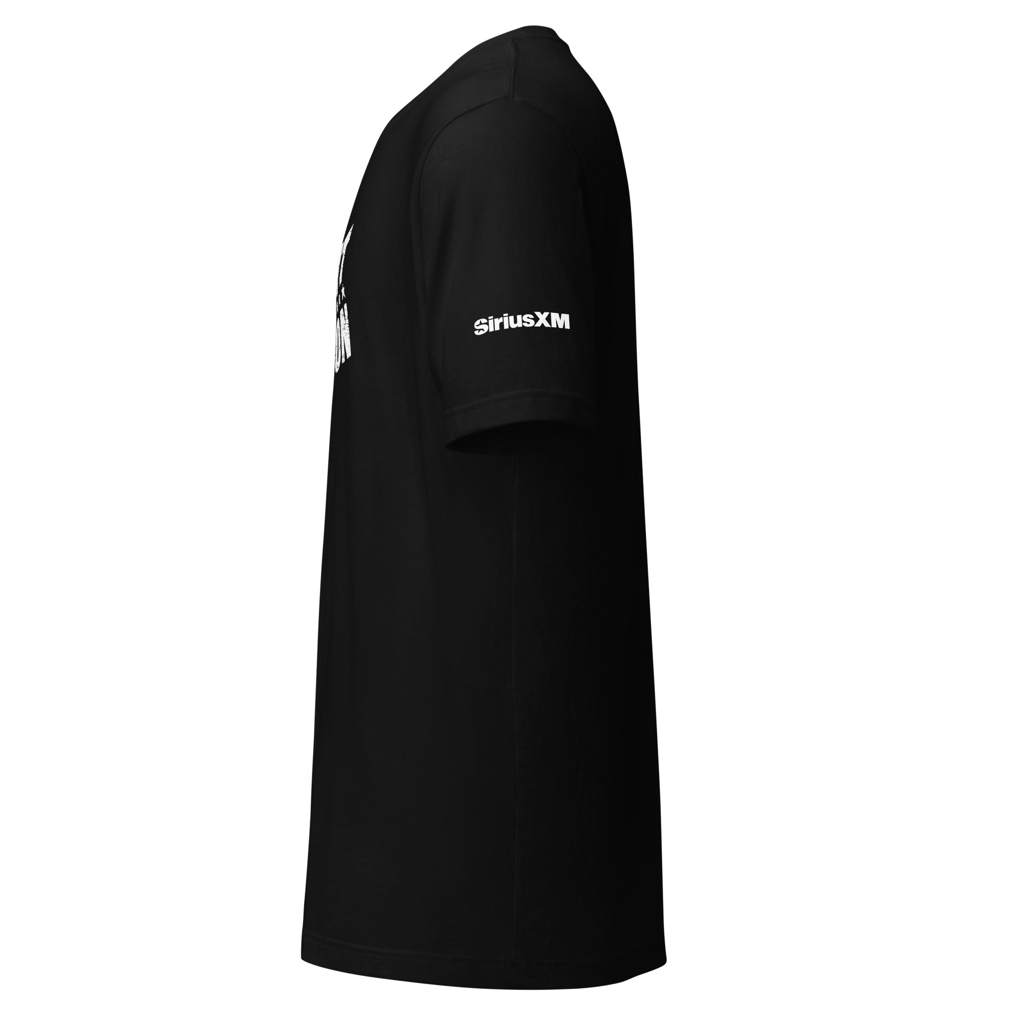 A black t-shirt featuring the 'SiriusXM' on the sleeve, shown from the side.
