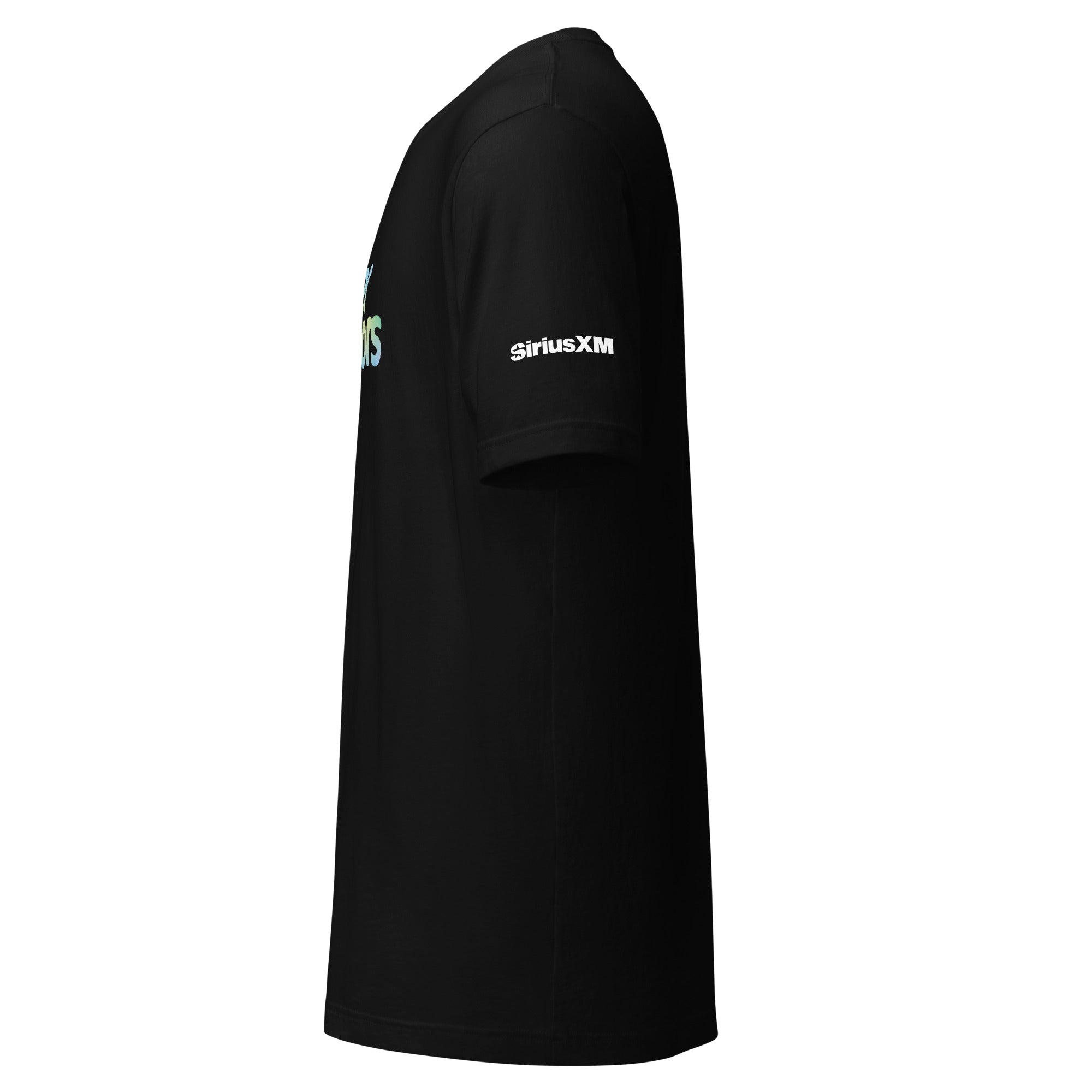 Black t-shirt displayed from the side with 'SiriusXM' logo in white on the sleeve. Side view.