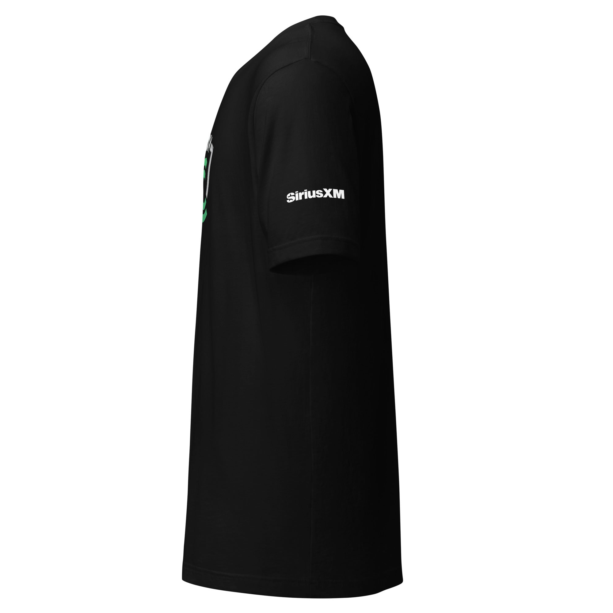 Black t-shirt with a 'SiriusXM' logo on the sleeve.