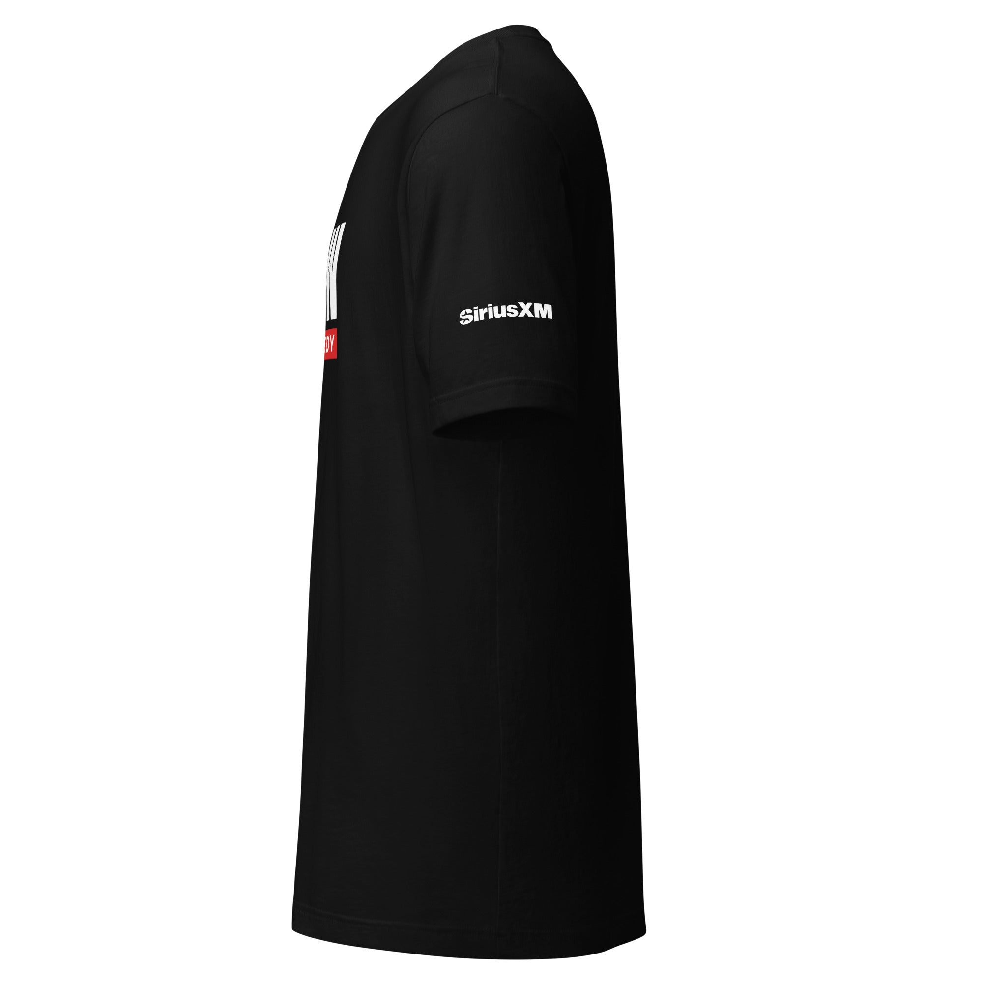 Black short-sleeve t-shirt featuring a 'SiriusXM' logo in white on the sleeve. Side view.