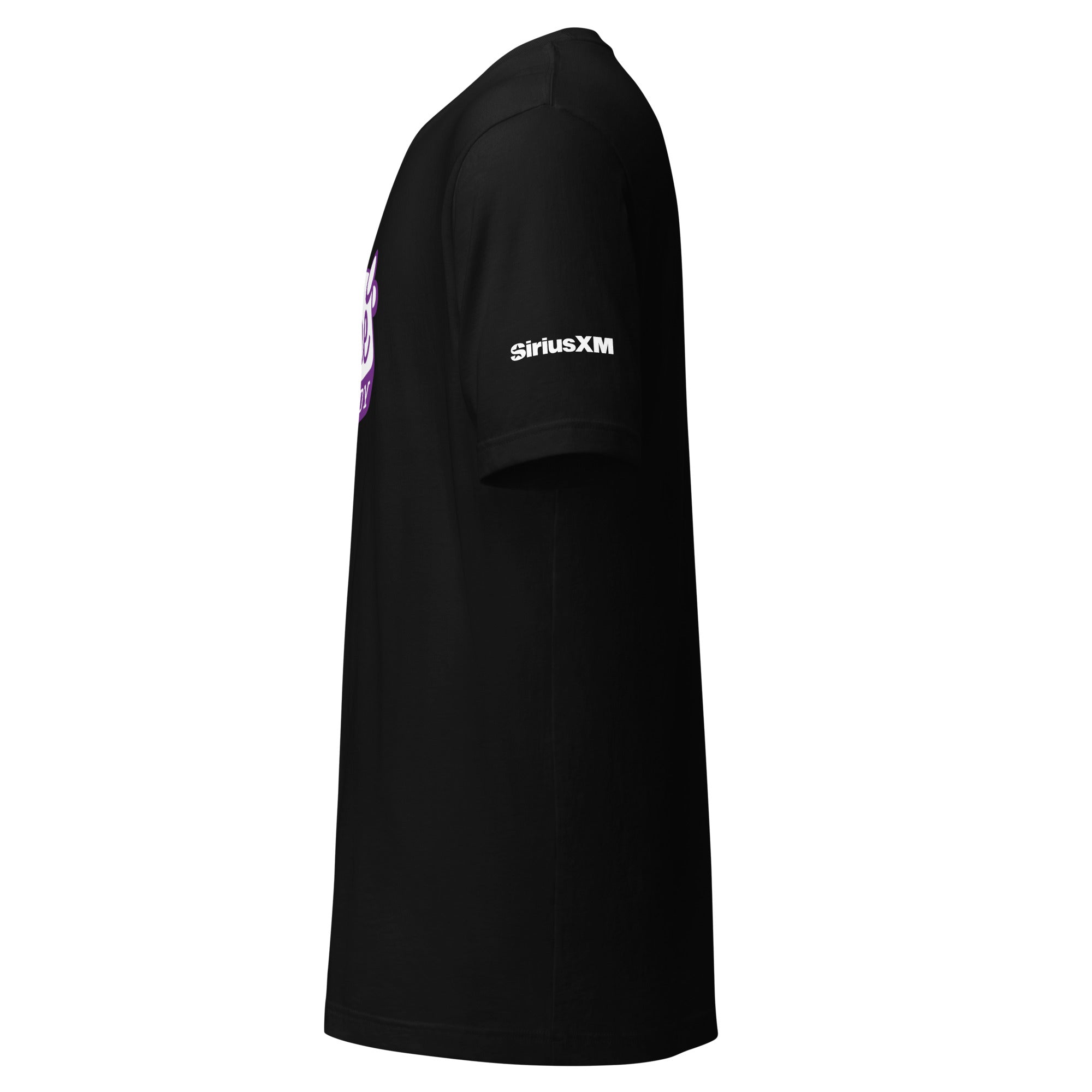 Black short-sleeve t-shirt featuring a 'SiriusXM' logo in white on the sleeve. Side view.