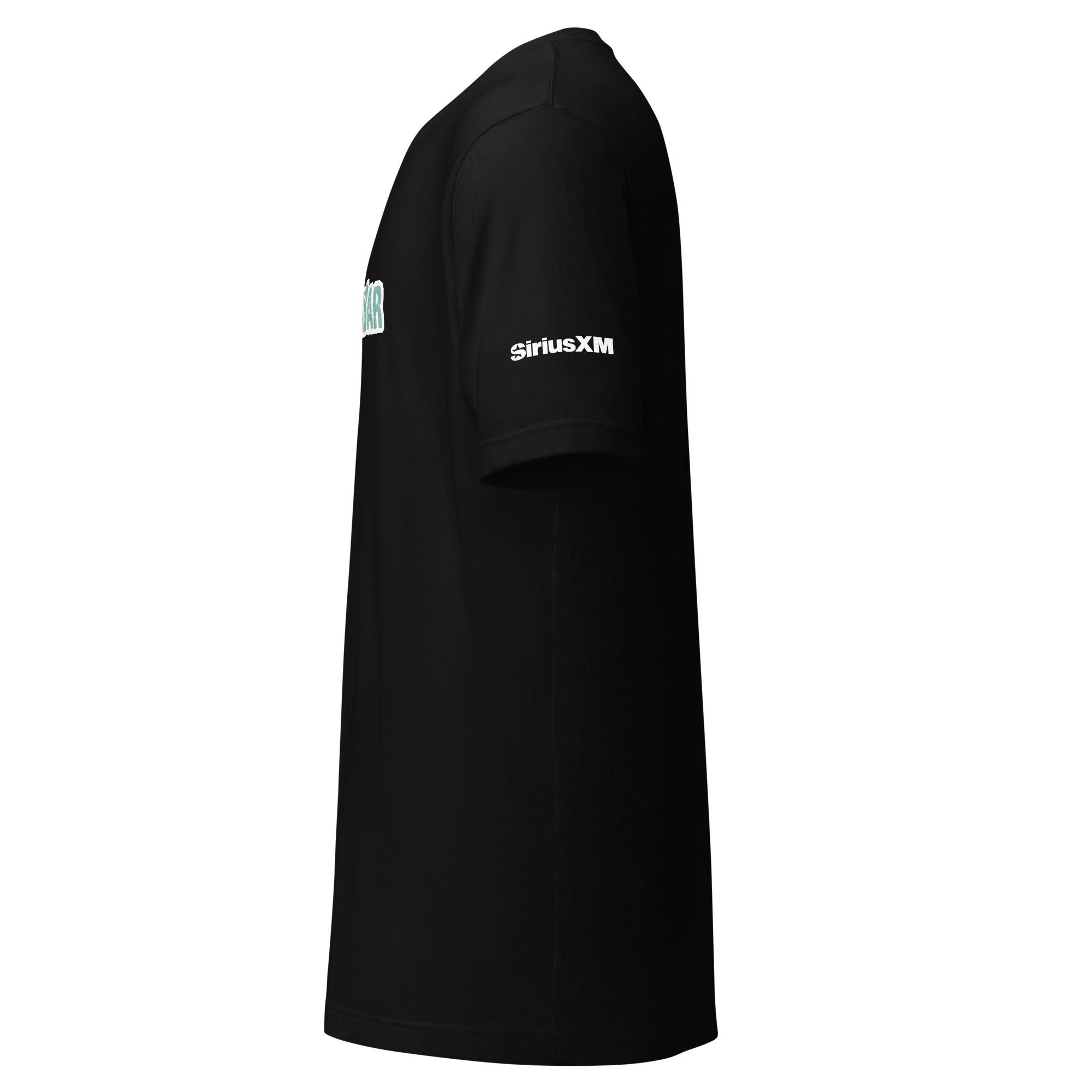 Black short-sleeve t-shirt featuring a 'SiriusXM' logo in white on the sleeve. Side view.