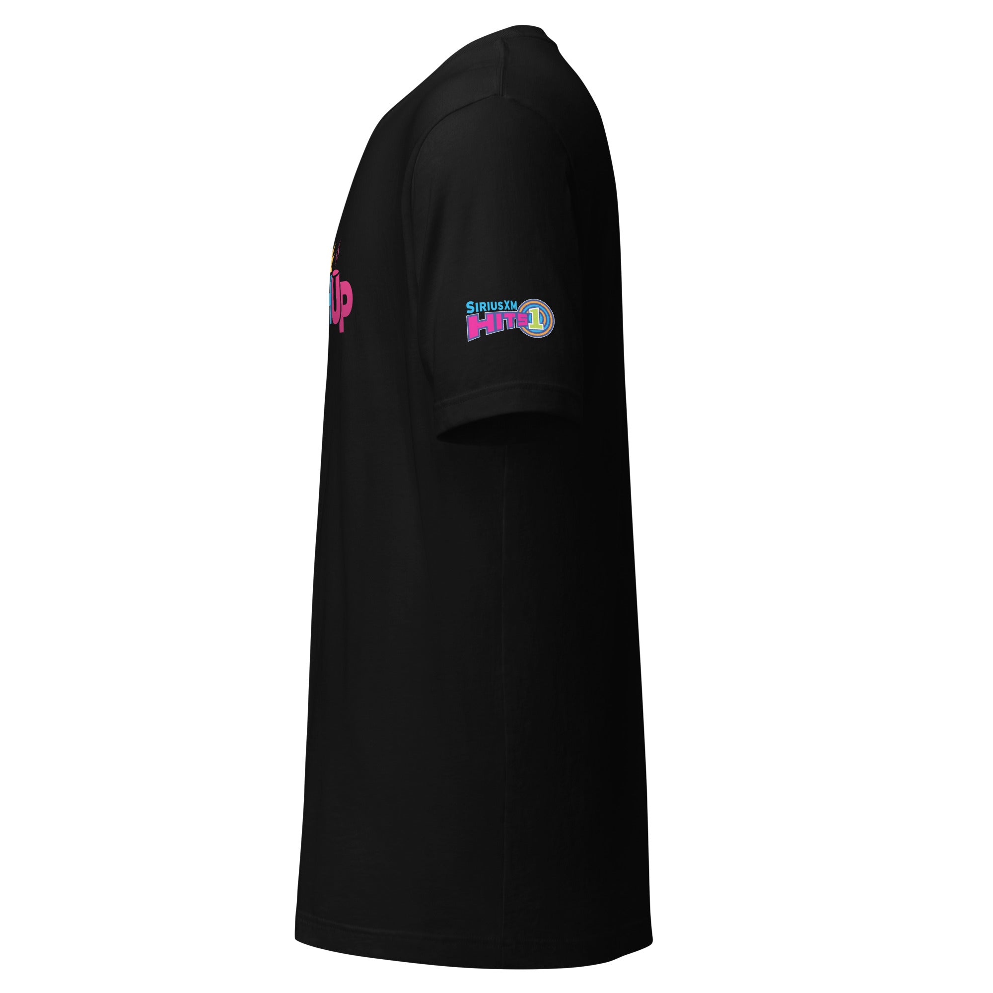 Black t-shirt featuring a SiriusXM 'Hits 1" logo on the sleeve. Side view.