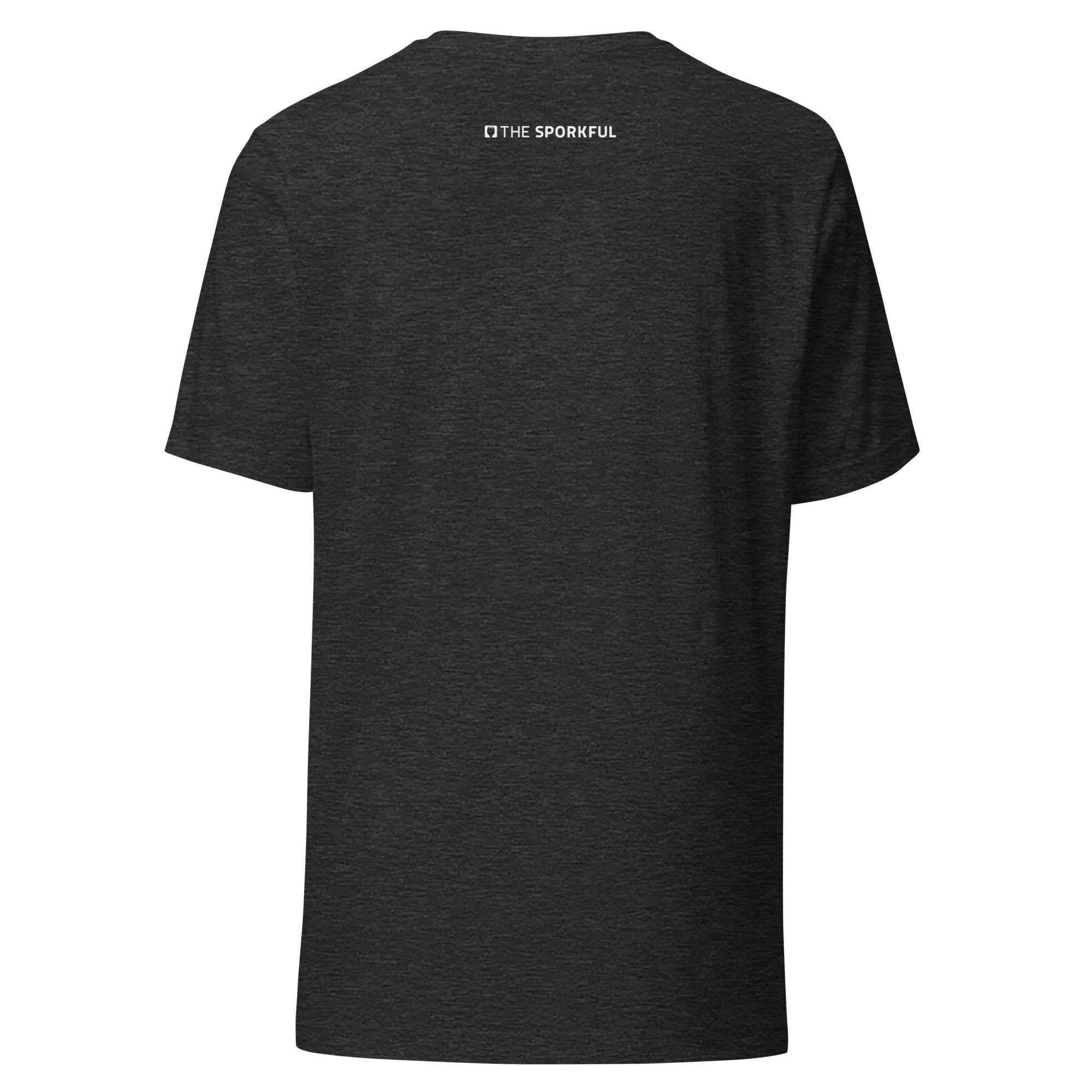 Backside of dark grey t-shirt featuring 'THE SPORKFUL' logo on the upper back.