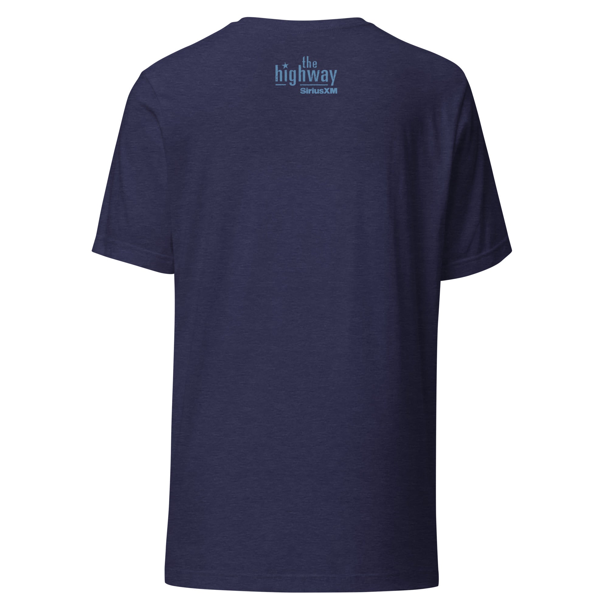 Back view of a navy blue t-shirt featuring 'the highway' and 'SiriusXM' logos.
