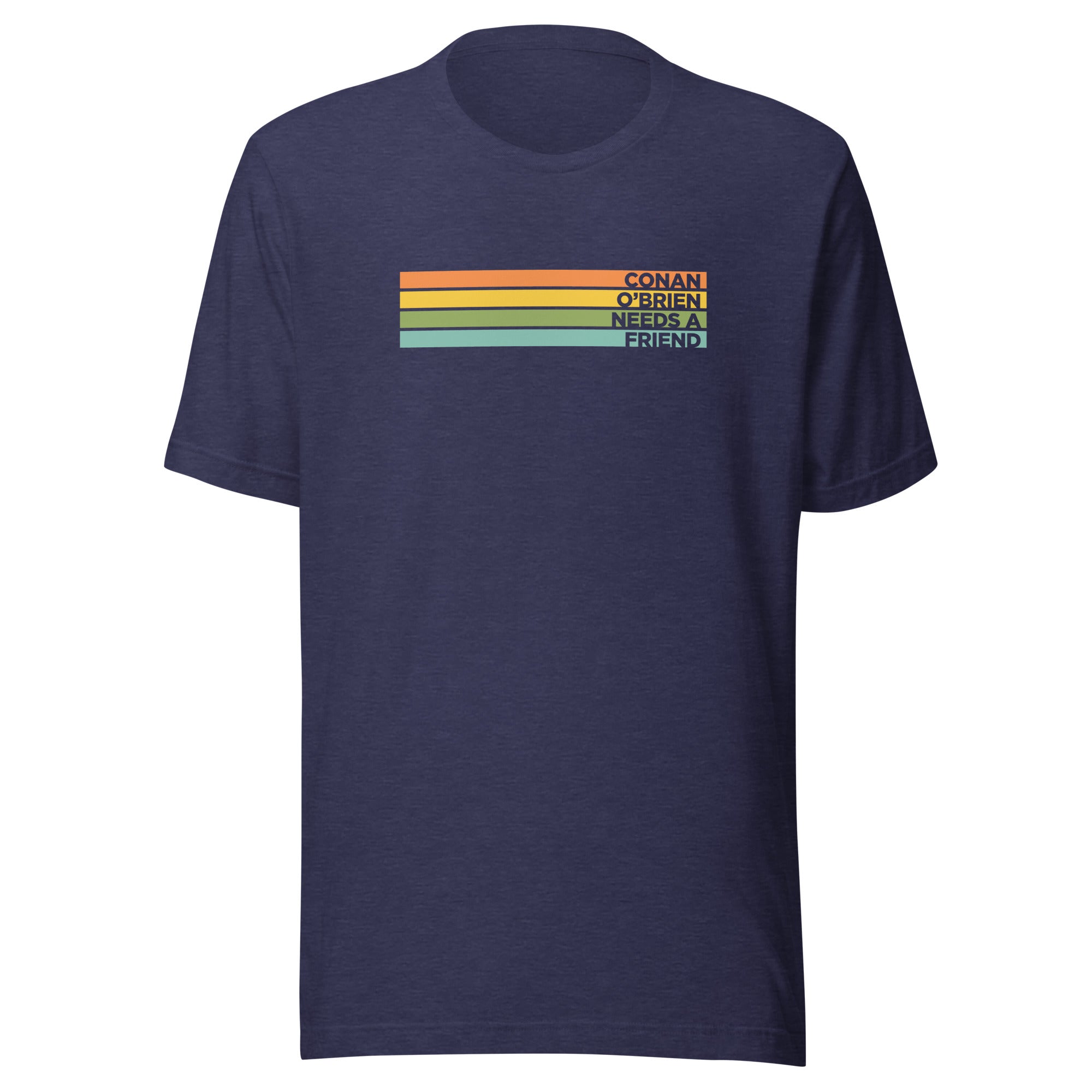 Navy t-shirt with “CONAN O’BRIEN NEEDS A FRIEND” text and colorful stripes design.