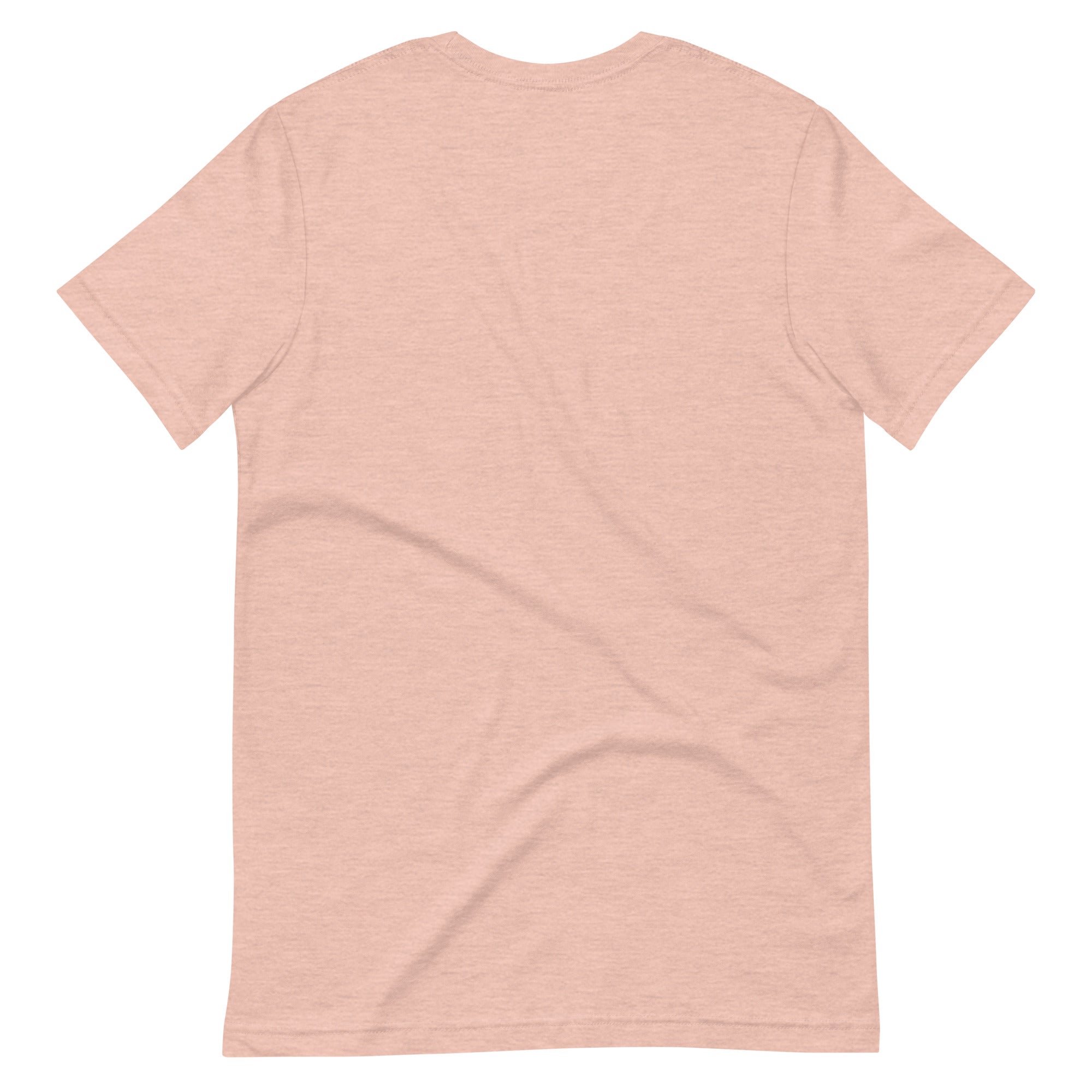 Flat lay of the back of a plain peach-colored unisex T-shirt with no design or text.