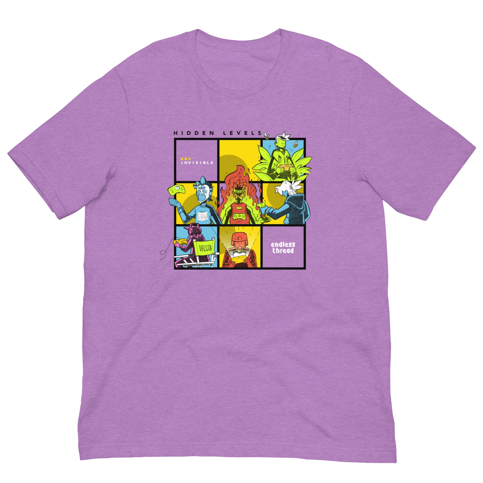 Heather purple short-sleeve T-shirt laid flat, featuring a colorful illustrated design on the chest. The graphic is divided into six comic-style panels labeled 'HIDDEN LEVELS' at the top, with the logos '99% Invisible' and 'Endless Thread' in two panels. The illustrated characters are drawn in bright tones of green, blue, red, and yellow.