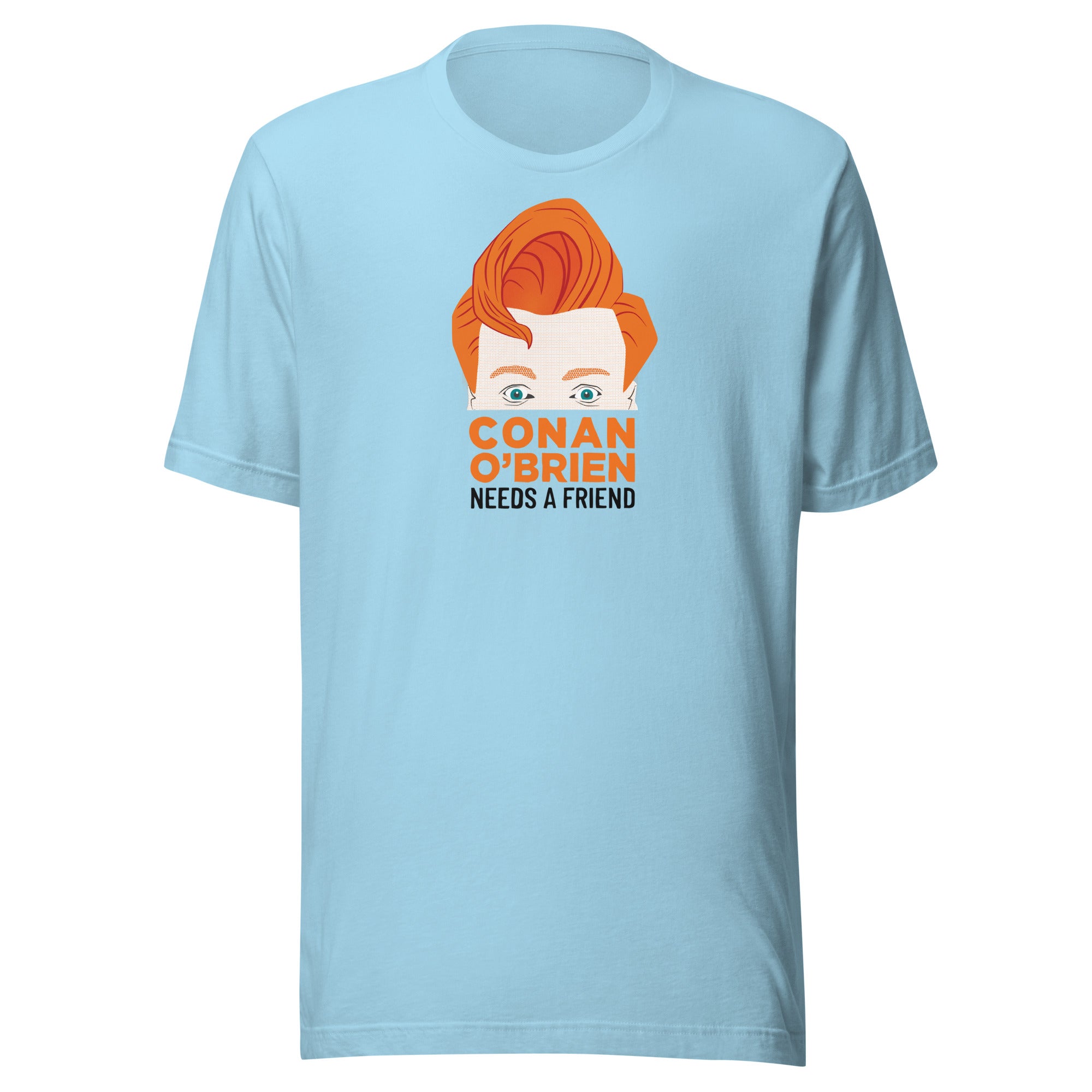 ocean blue t-shirt featuring a graphic of Conan O'Brien with the text 'Conan O'Brien Needs A Friend.'