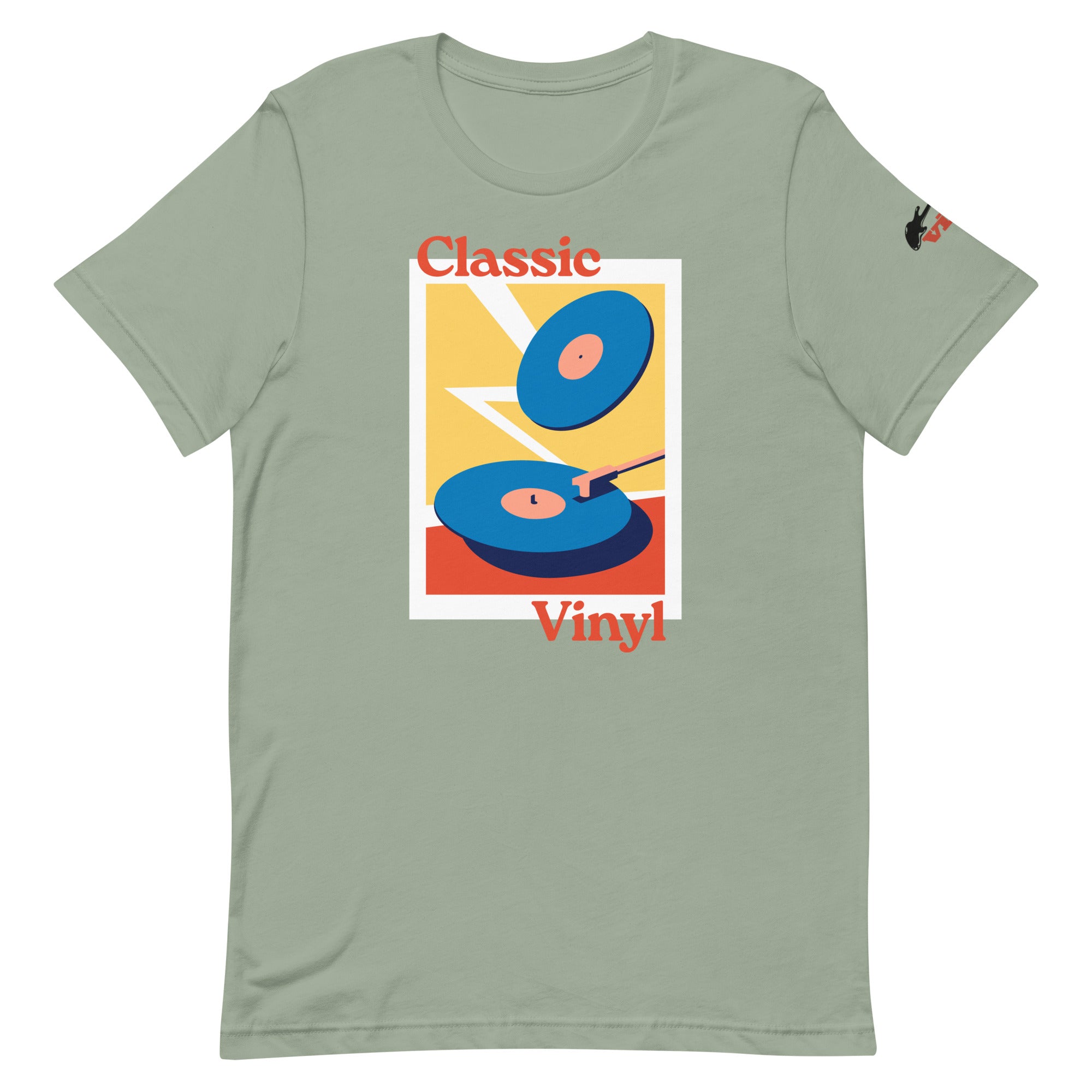 Front view of a sage green short-sleeve T-shirt featuring a colorful rectangular graphic with two blue vinyl records on a red and yellow background and the words 'Classic Vinyl' printed above and below the design. The left sleeve has a small black guitar silhouette logo.