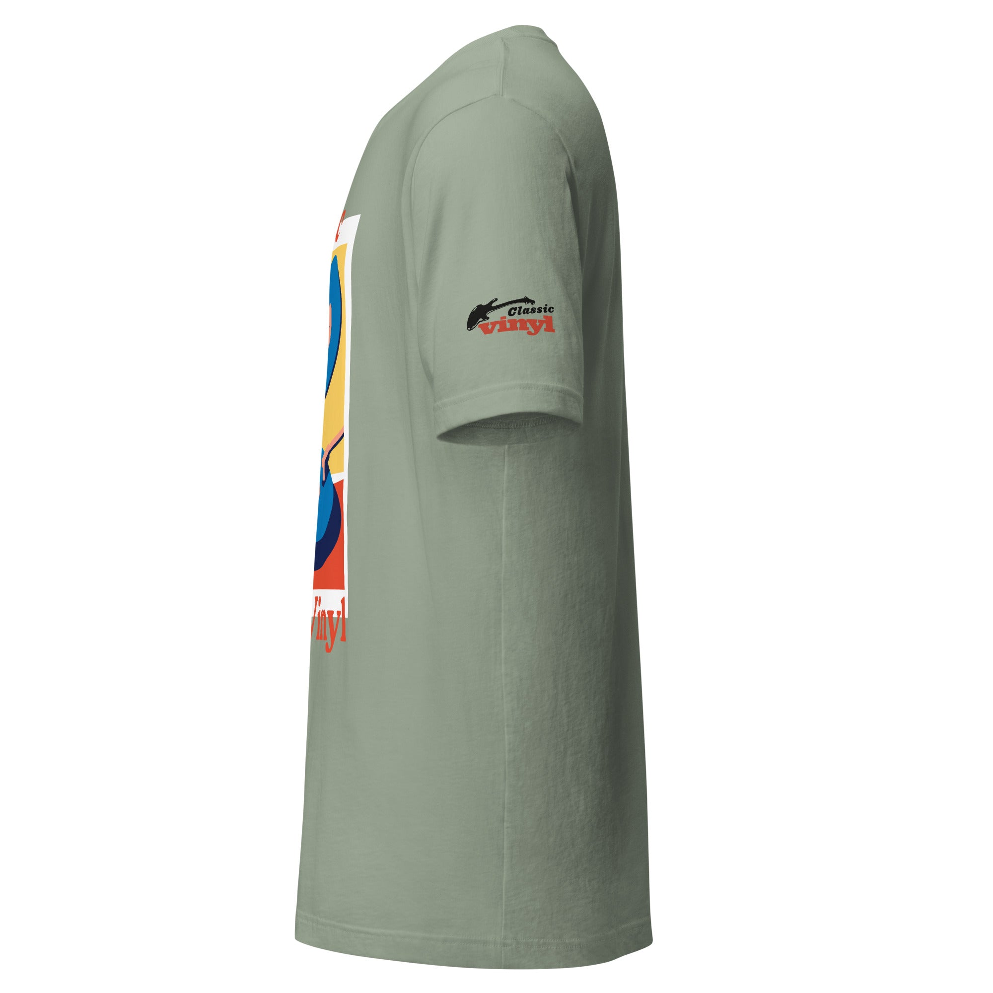 Left side view of a sage green short-sleeve T-shirt showing the sleeve detail with the black guitar silhouette and red 'vinyl' logo. The front graphic with two blue vinyl records and red and yellow shapes is partially visible.