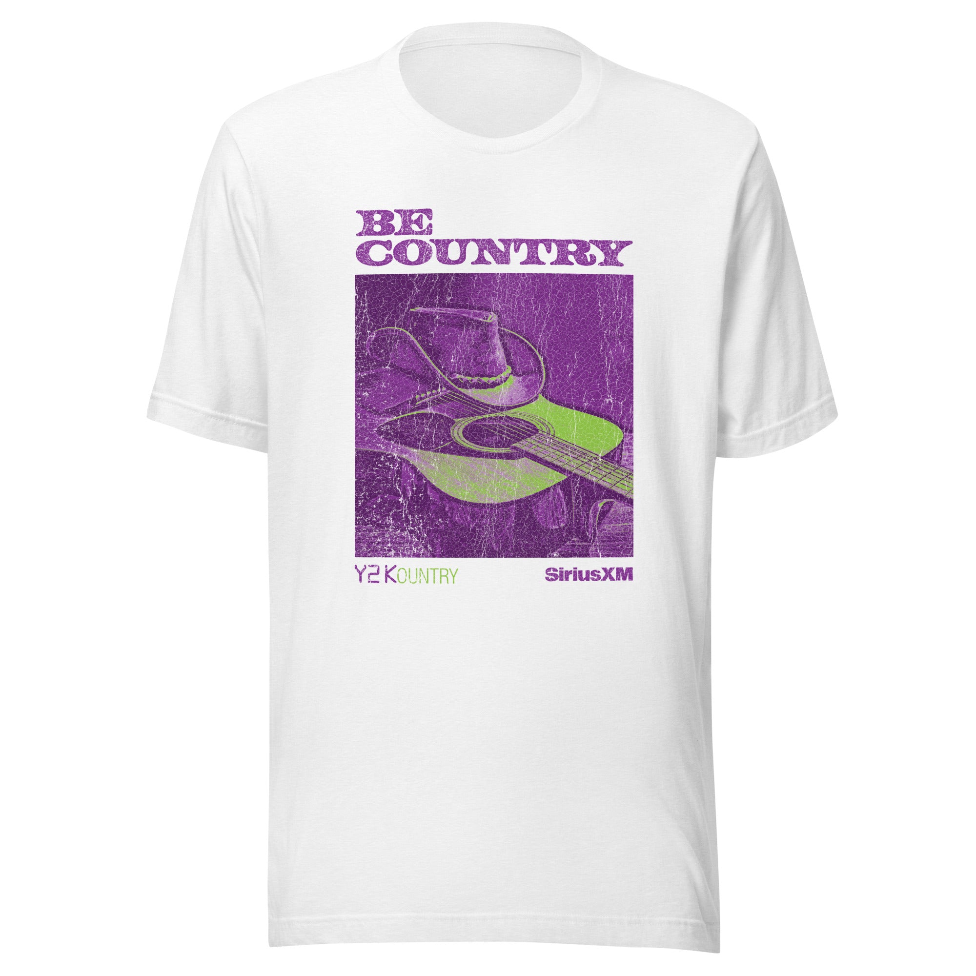 White short-sleeve t-shirt with a distressed purple and green graphic showing a guitar and cowboy hat. Text above and below reads: 'BE COUNTRY', 'Y2KOUNTRY', and 'SiriusXM'.