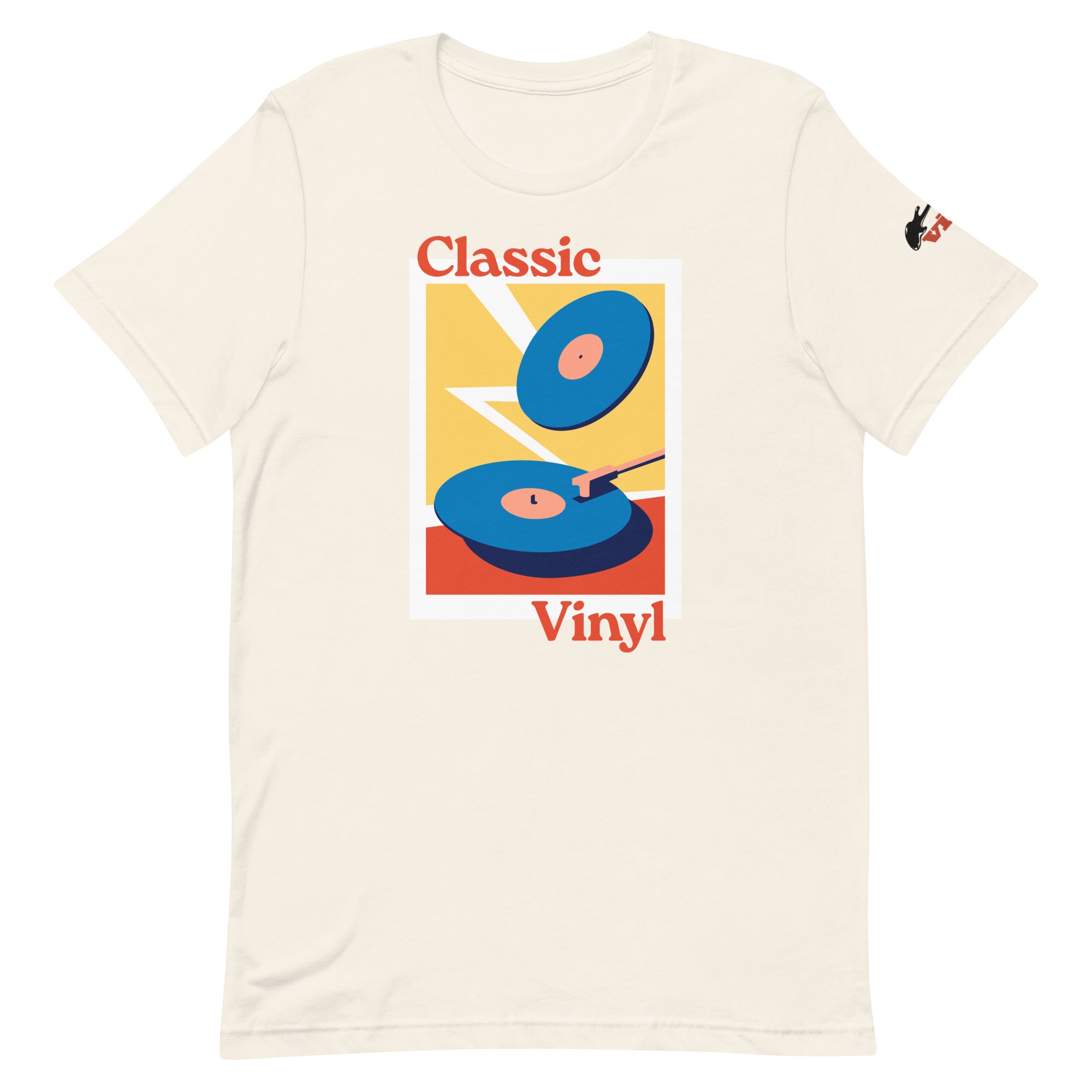 Front view of a cream-colored short-sleeve T-shirt with the same rectangular 'Classic Vinyl' graphic showing two blue records on a red and yellow background, plus a small black guitar logo printed on the left sleeve.