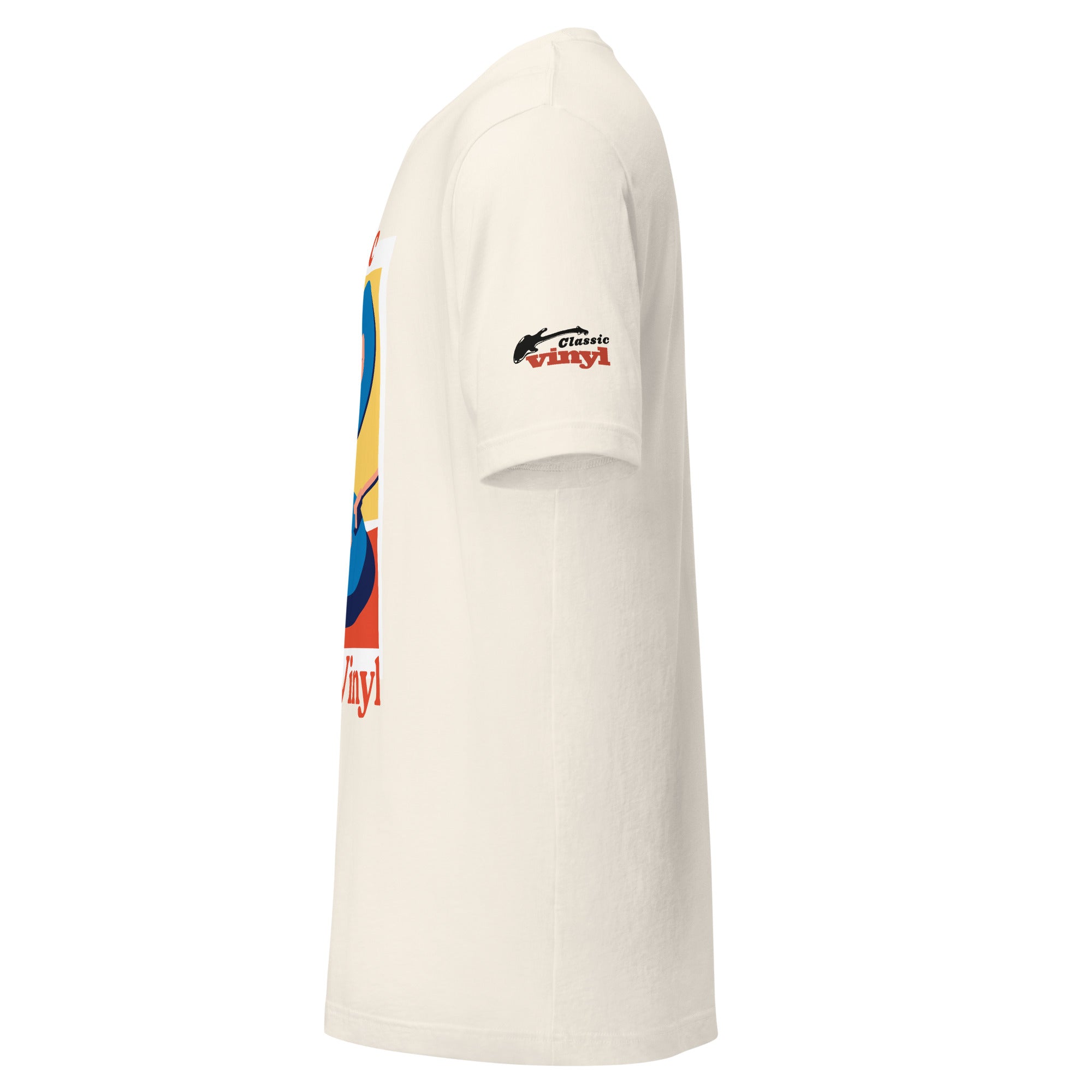 Left side view of a cream-colored short-sleeve T-shirt showing the sleeve design with a black guitar silhouette and red 'vinyl' logo. The front print with two blue vinyl records and geometric shapes is partly visible.