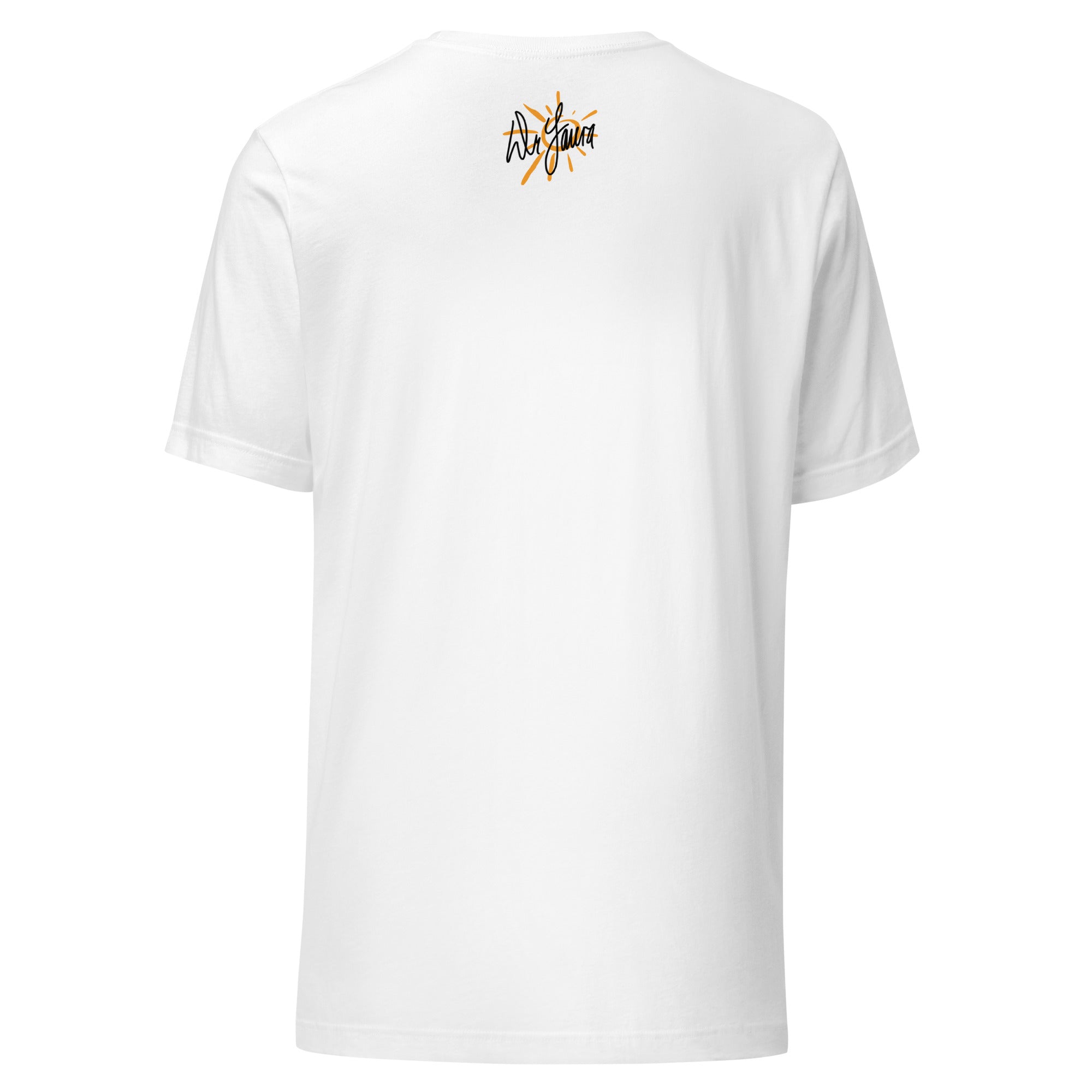 White t-shirt displayed from the back, featuring the 'Dr. Laura' signature with sunburst graphic at the neck.