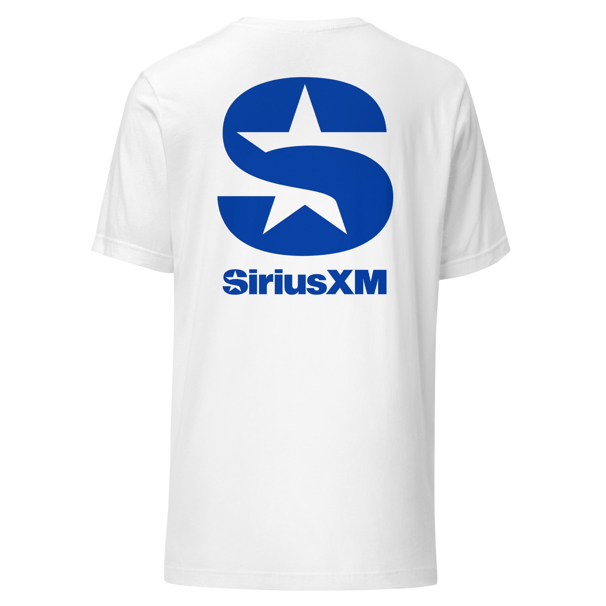 White t-shirt with blue 'S' and star logo and 'SiriusXM' text on the back.