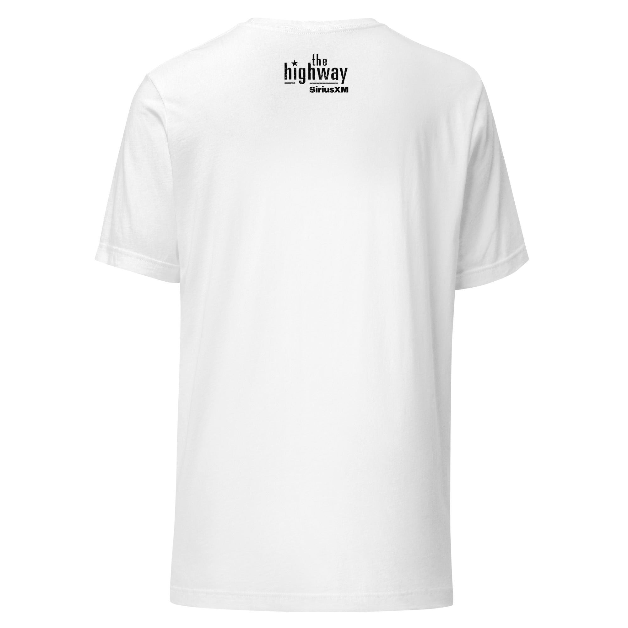 Back view of a white t-shirt featuring 'the highway' and 'SiriusXM' printed in black at center back neck print area.