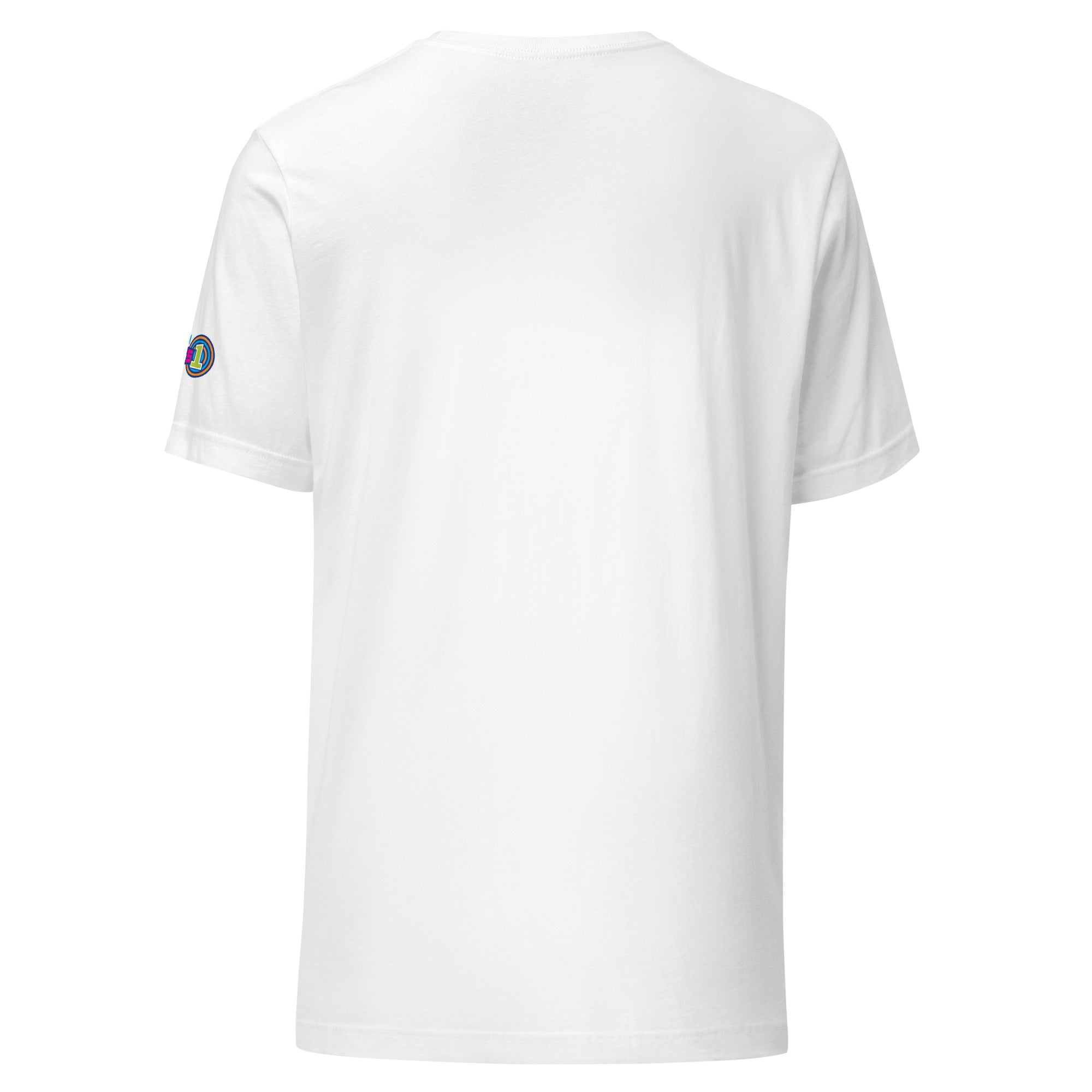 White t-shirt viewed from the back, featuring a colorful logo on the left sleeve.