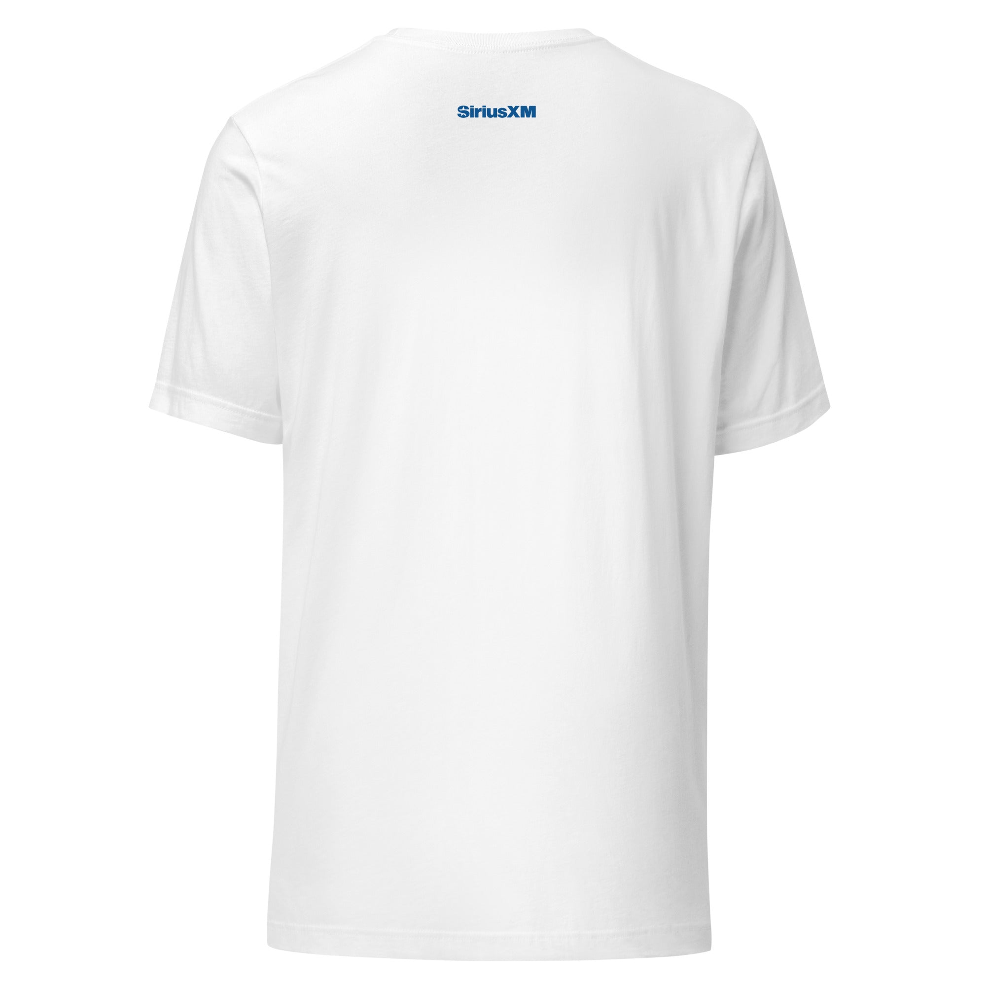 The back of a white t-shirt showing a small, centered blue 'SiriusXM' logo near the neckline.