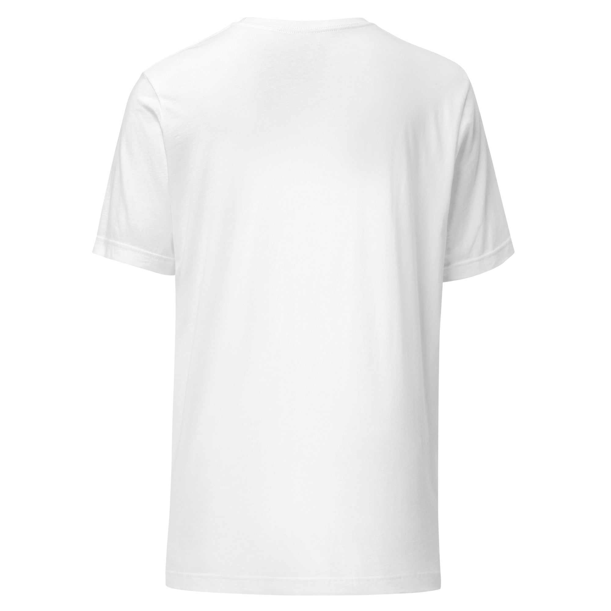 A plain white unisex t-shirt shown from the back, featuring a classic crew neck and short sleeves with no visible graphics or text.