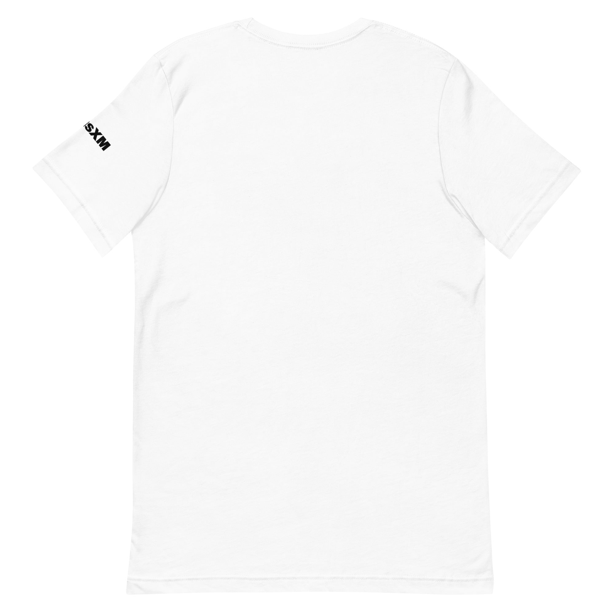 White t-shirt with a small black logo on the chest against a white background