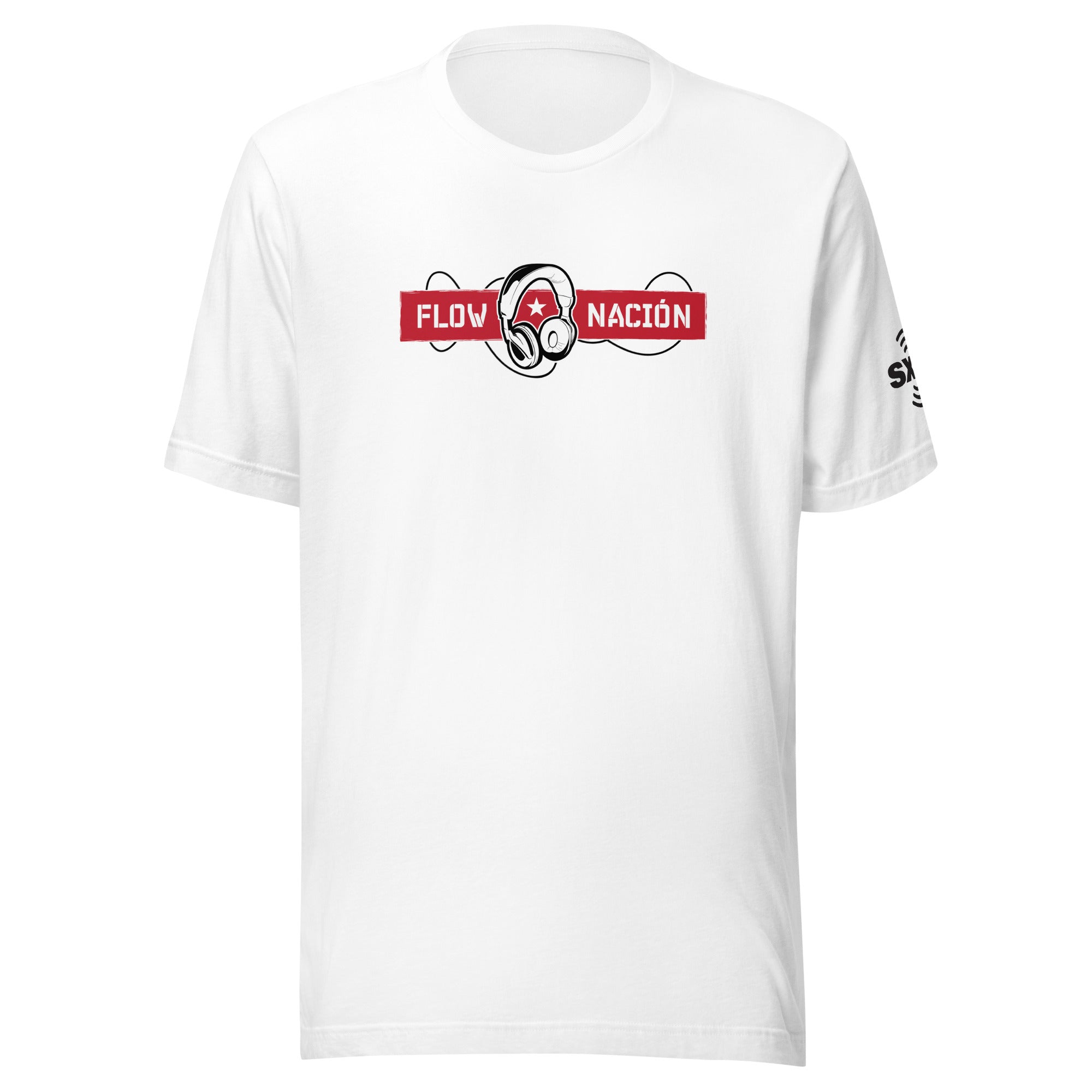 White t-shirt with the text 'FLOW NACIÓN' in black and red and a graphic of headphones centered on the front.