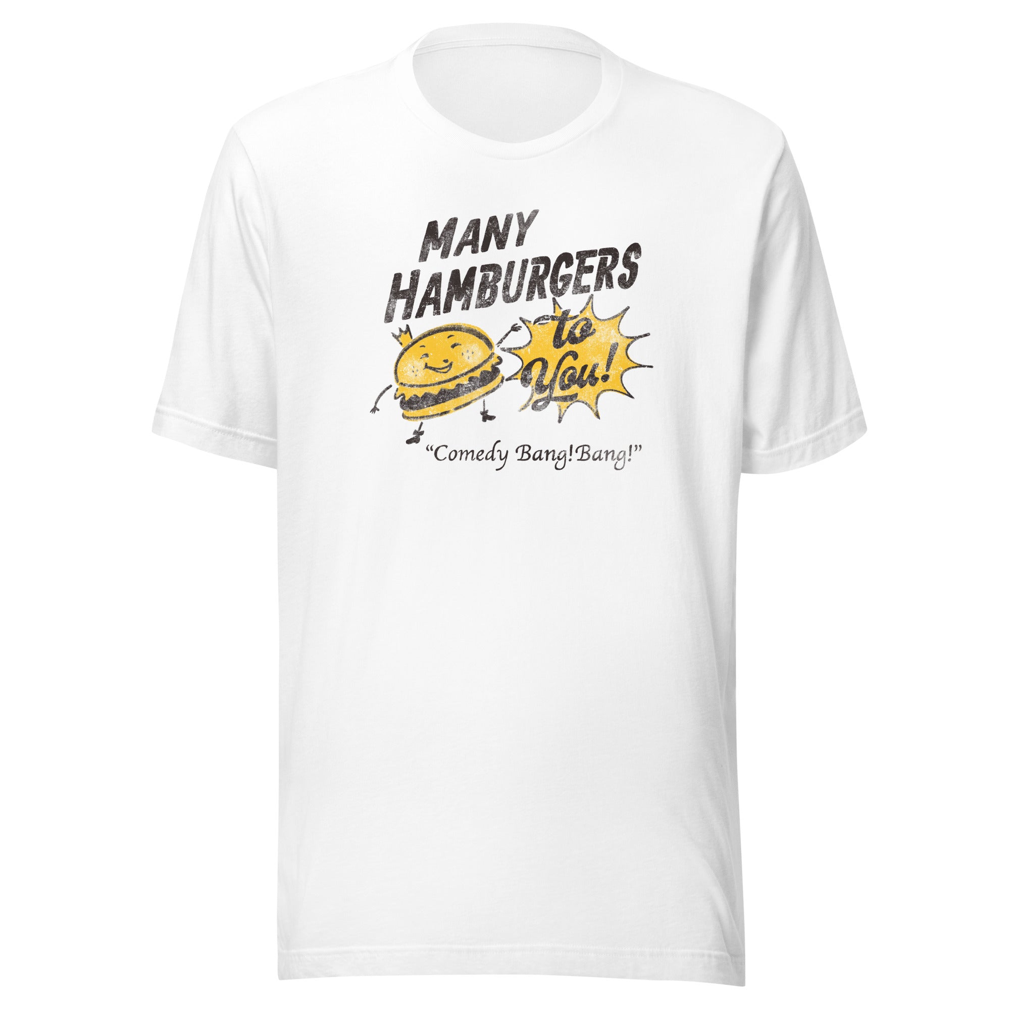 White t-shirt with 'Many Hamburgers to You!!' graphic and smiling yellow hamburger design, featuring the text 'Comedy Bang! Bang!!'