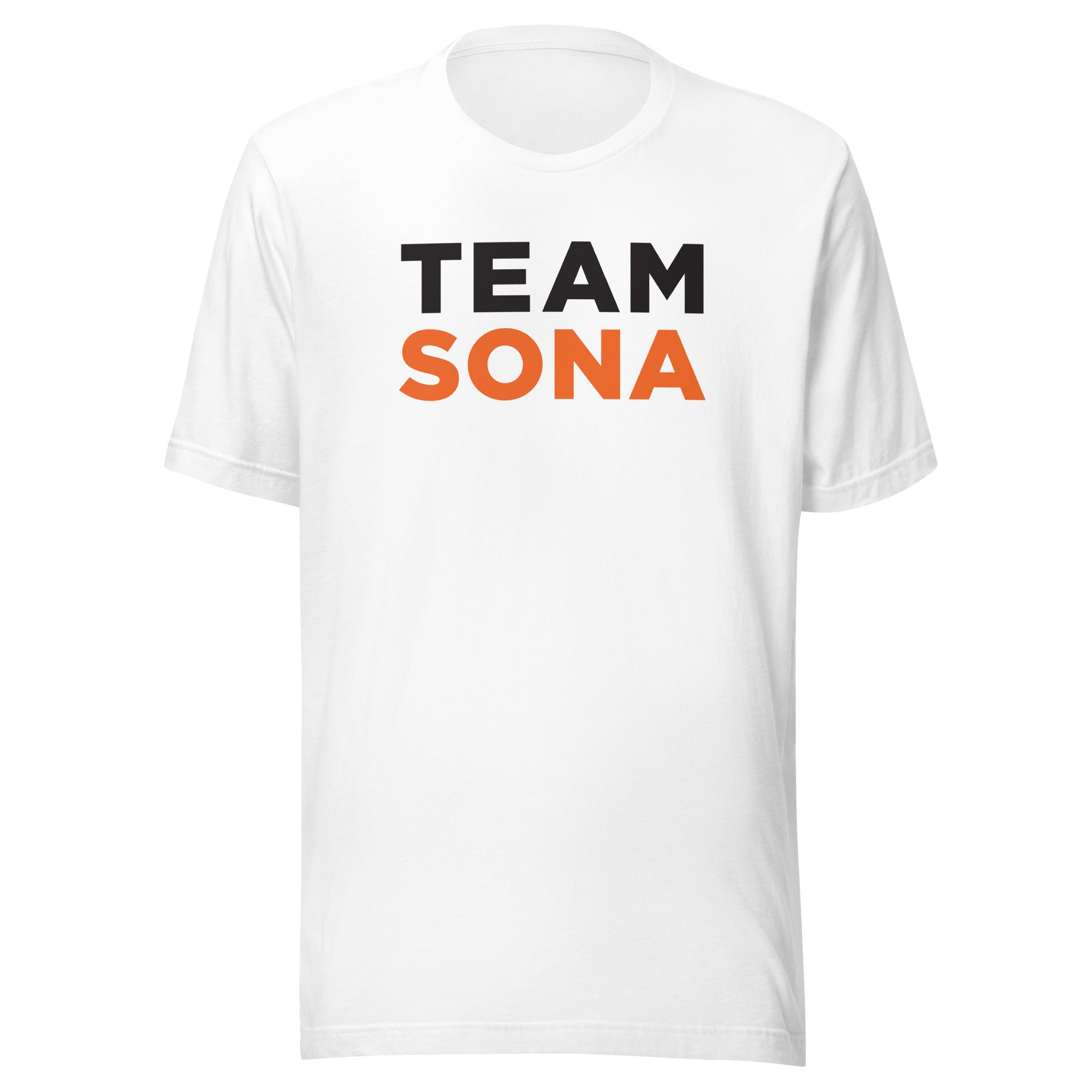 White t-shirt with the text 'TEAM SONA' in black and orange.