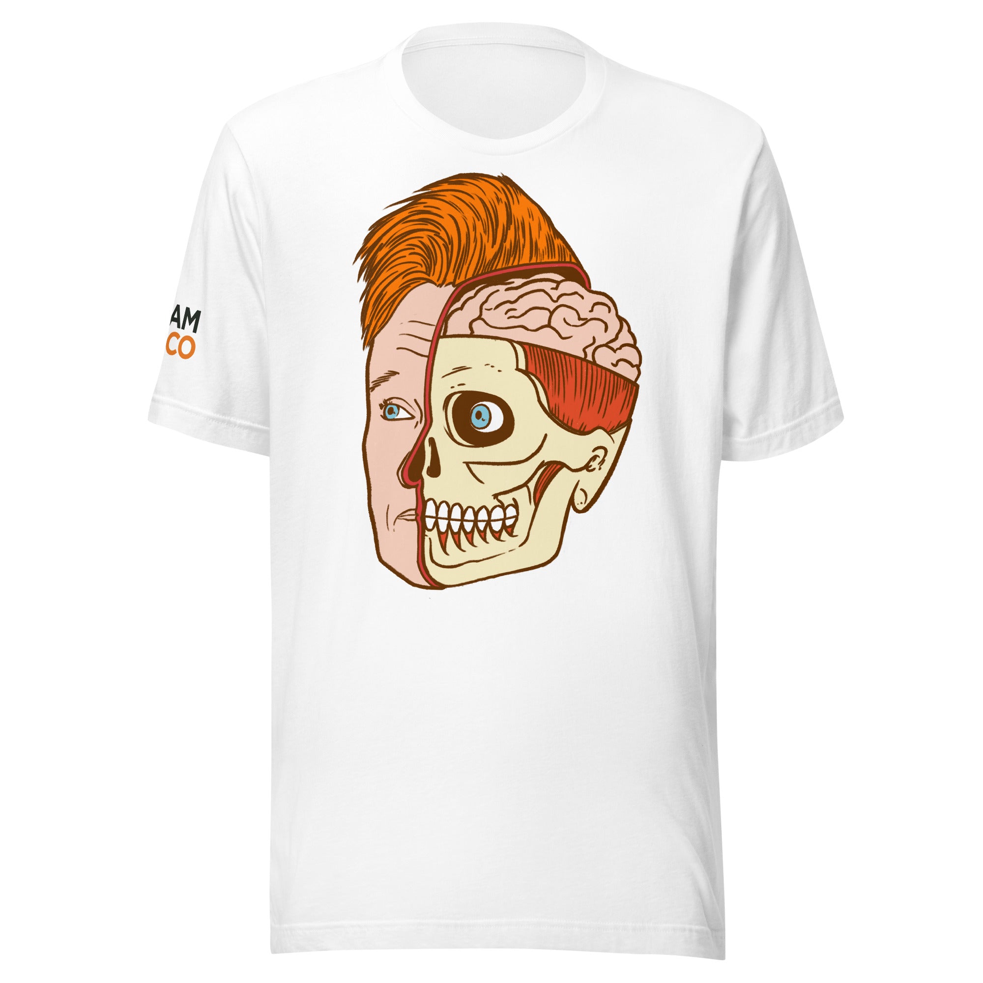 White t-shirt featuring illustration of the left half of Conan O'Brien's face and the right half of a skeletal face revealing the brain inside and orange and black 'Team Coco' logo on right sleeve.