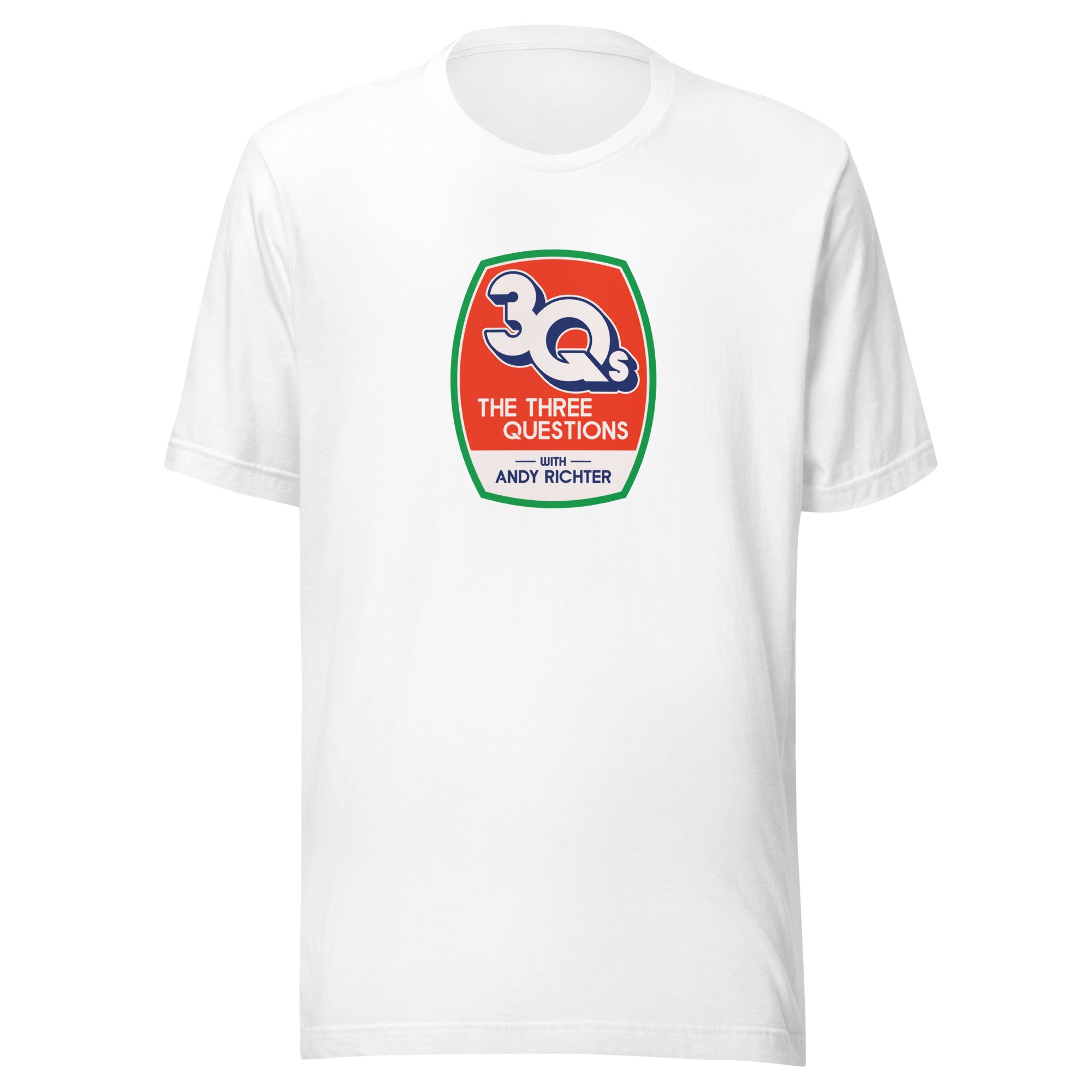 White t-shirt featuring a retro logo that reads '3Qs THE THREE QUESTIONS WITH ANDY RICHTER.'