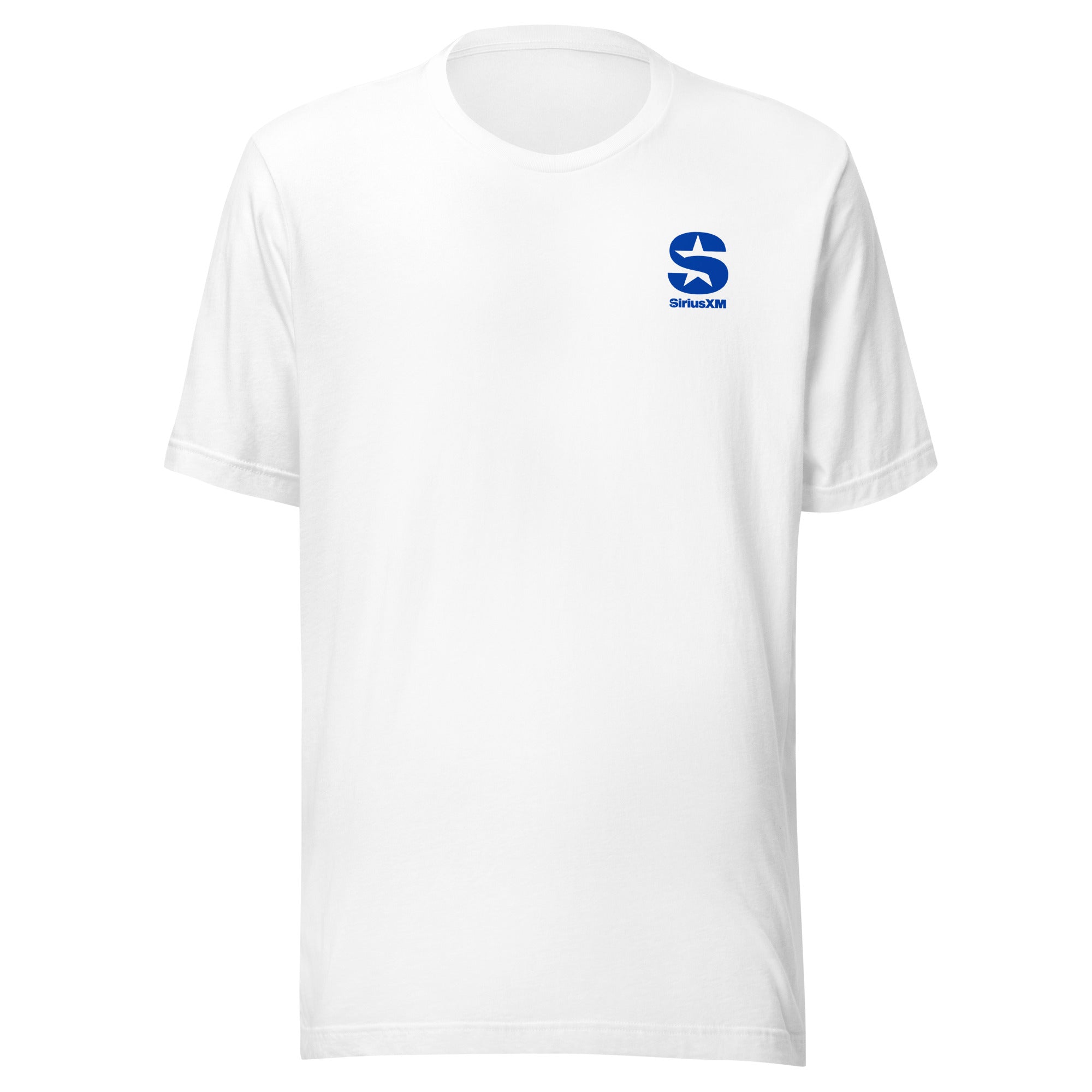 White t-shirt featuring a blue 'SiriusXM' logo on the front.