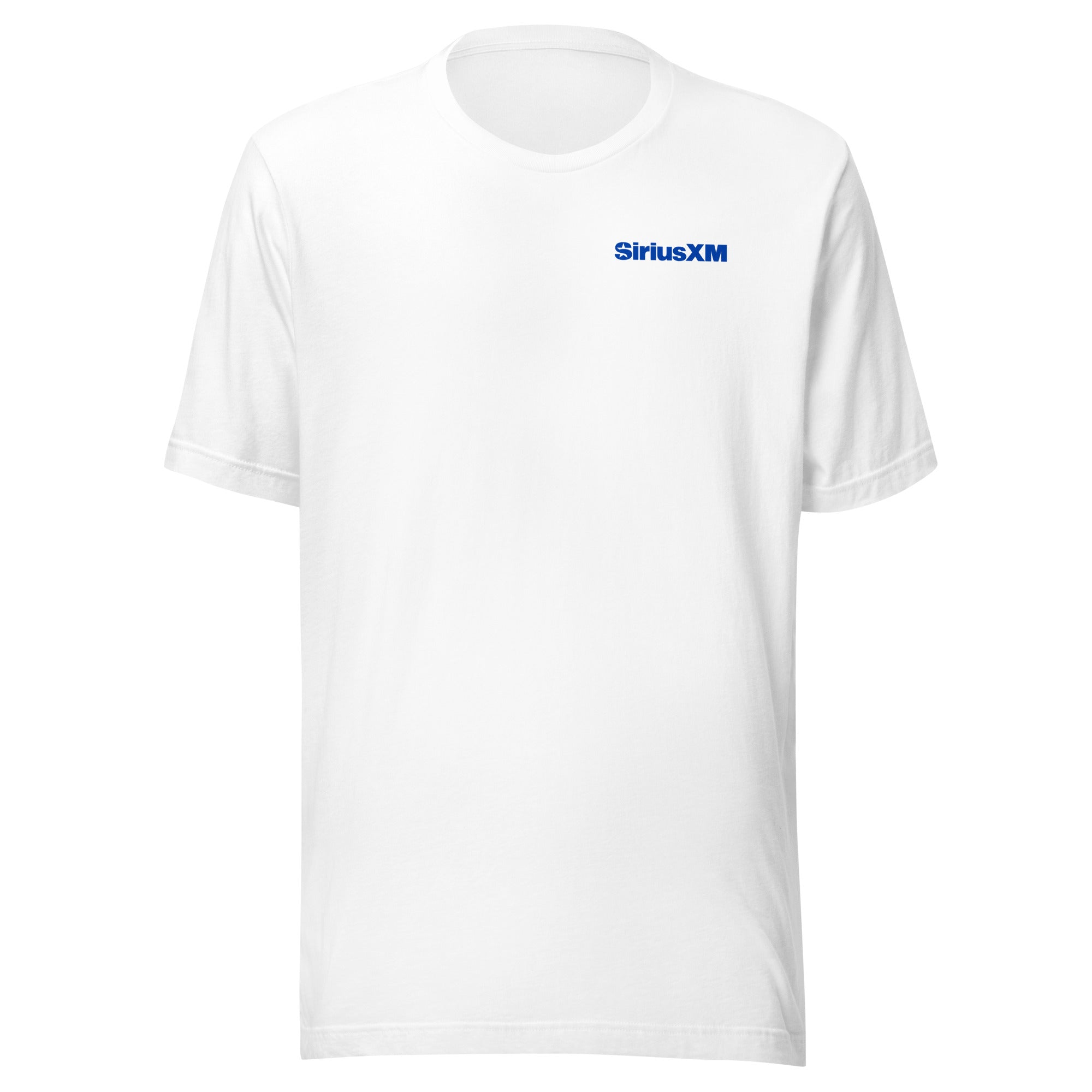 White t-shirt featuring the 'SiriusXM' logo in blue on the left chest area.