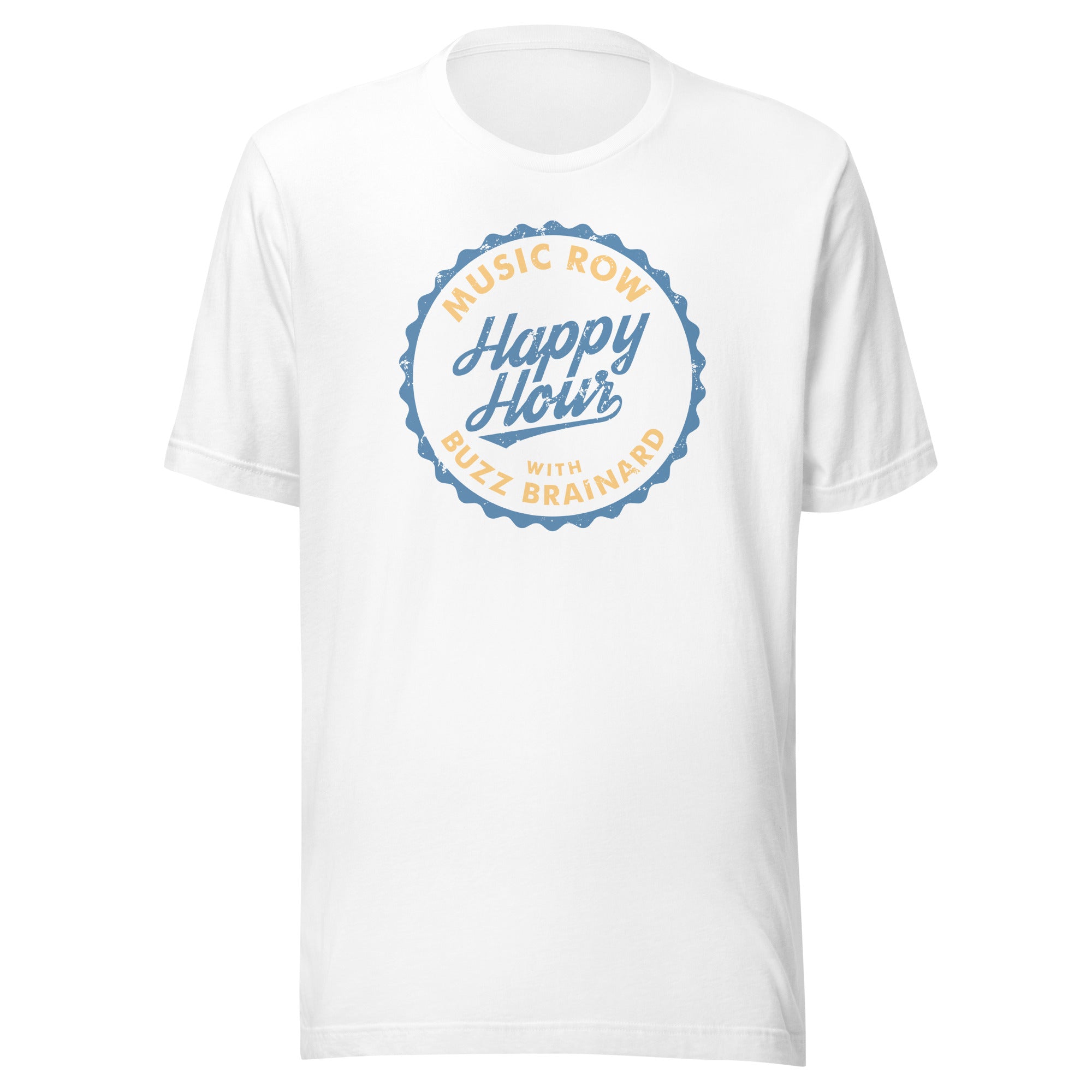White t-shirt featuring 'Music Row Happy Hour with Buzz Brainard' graphic design.