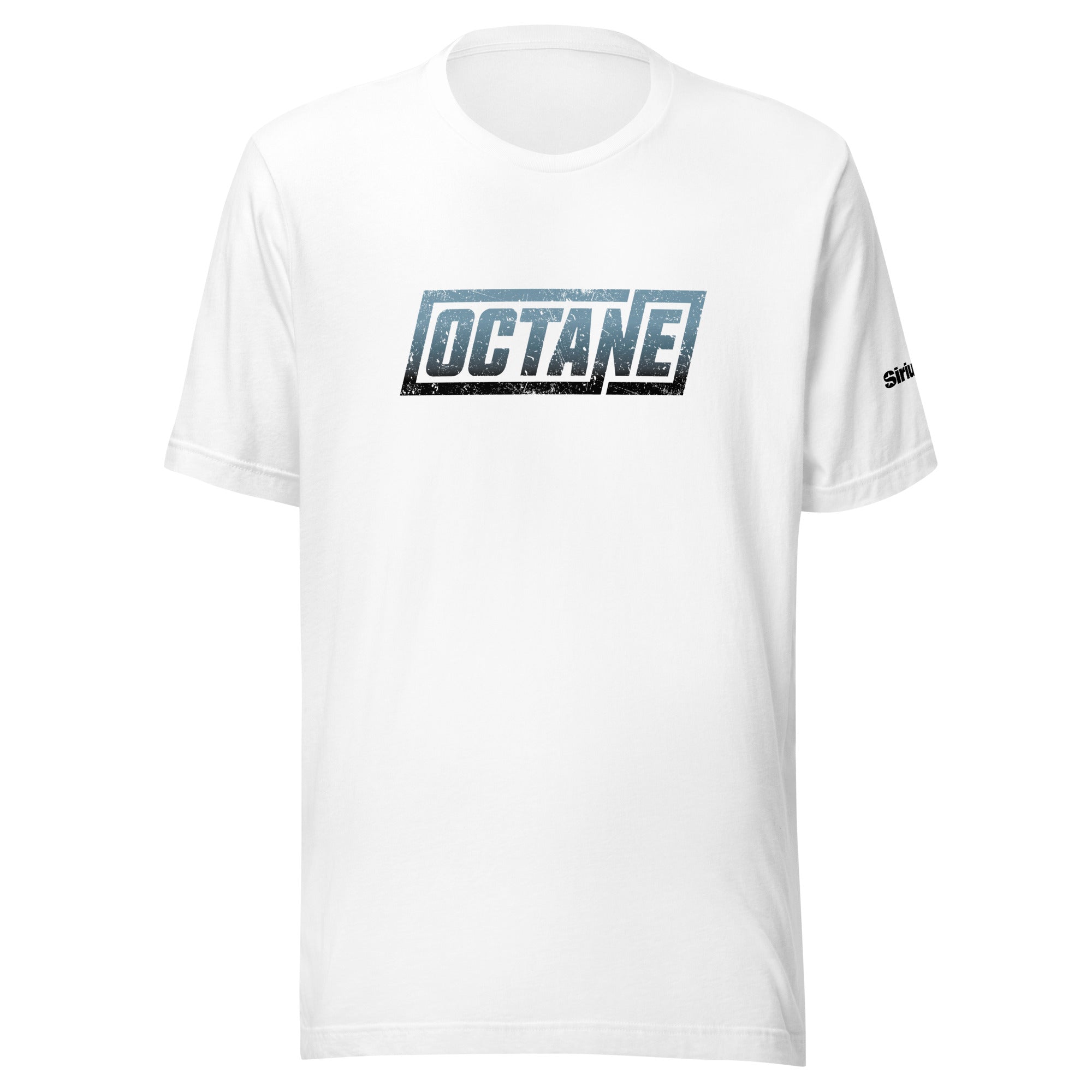 White t-shirt featuring a blue and black 'OCTANE' graphic on the front and a logo on the sleeve.