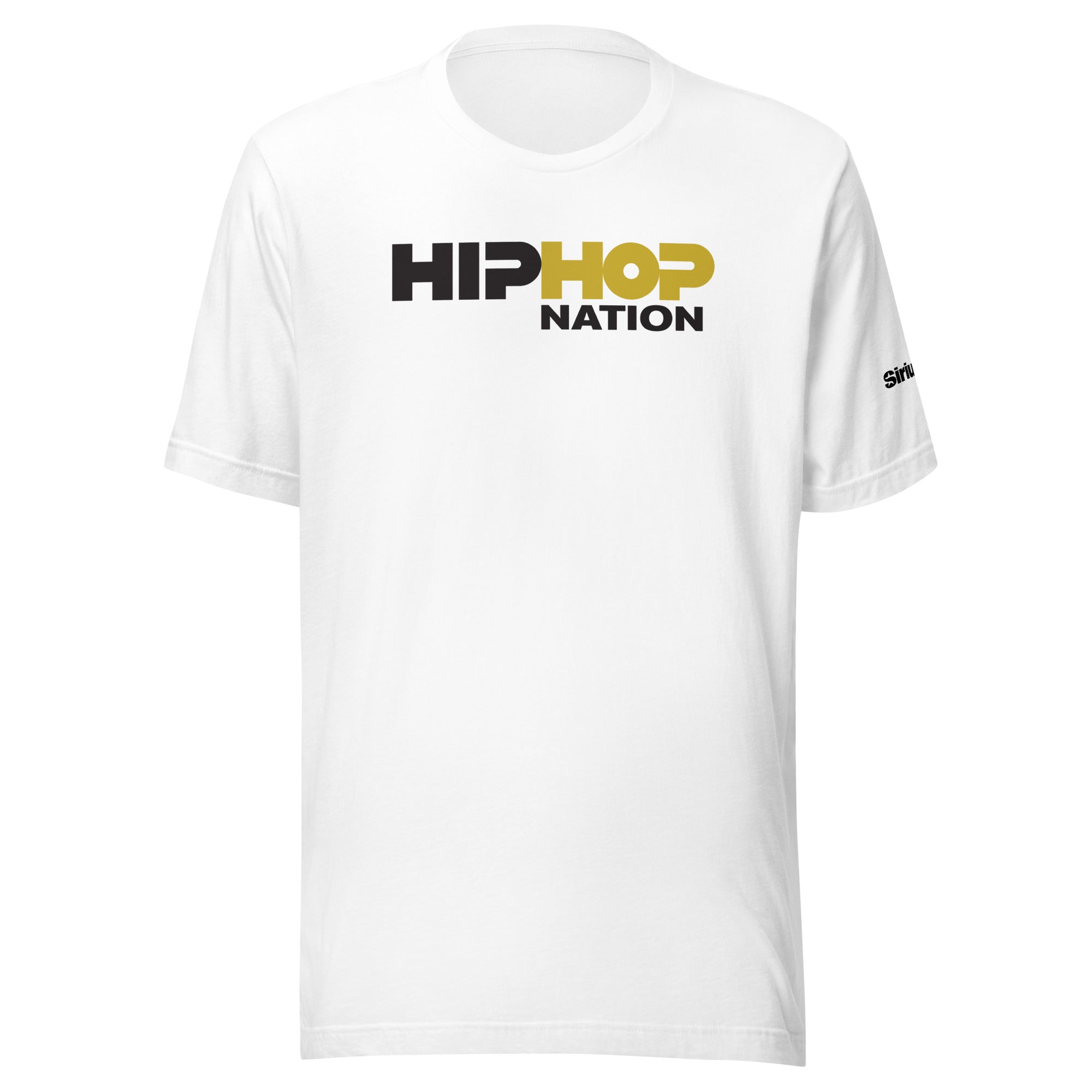 White t-shirt featuring 'HIP HOP NATION' in bold black and gold letters.