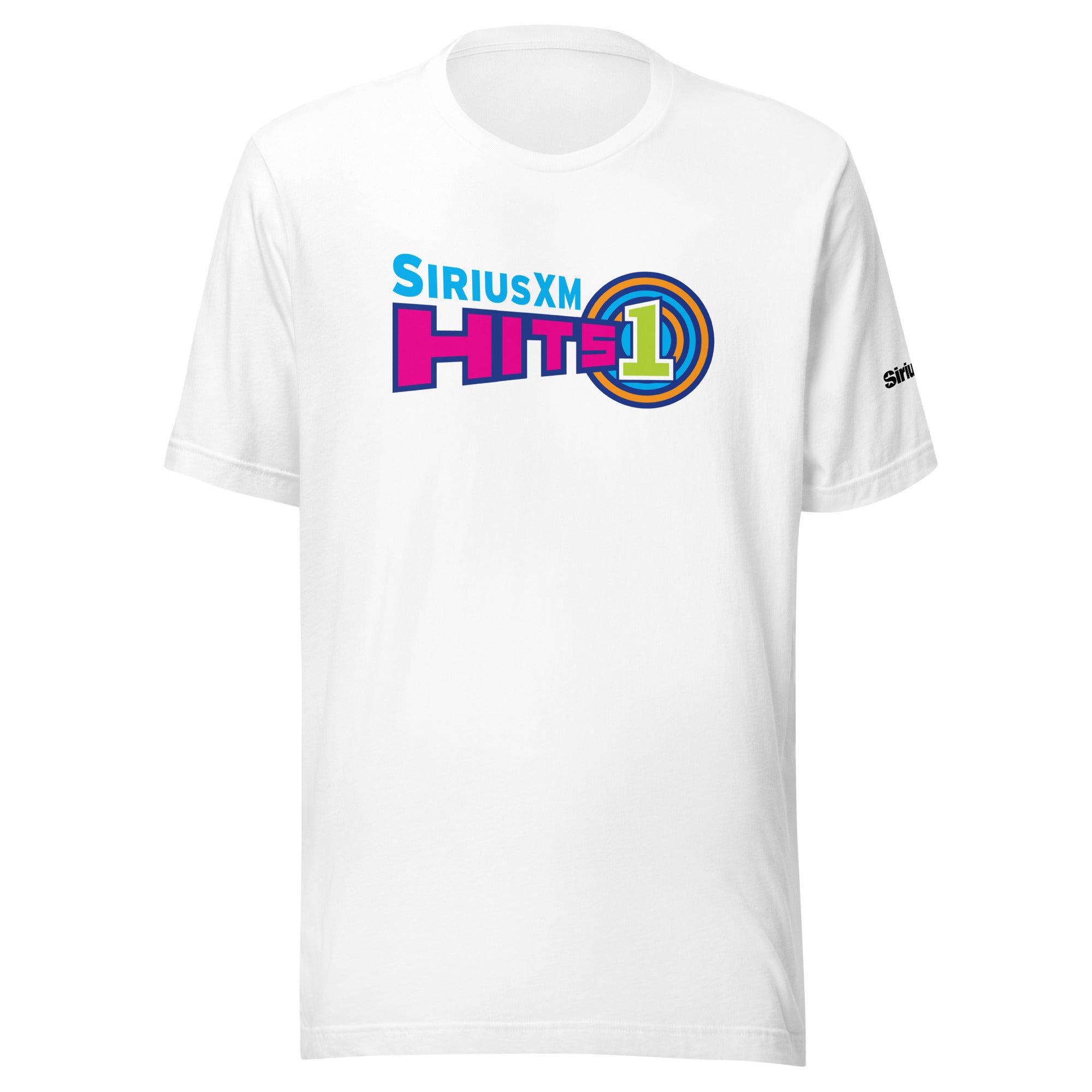 White t-shirt featuring colorful 'SiriusXM HITS 1' logo on the front. Colors include pink, purple, orange and vivid green.