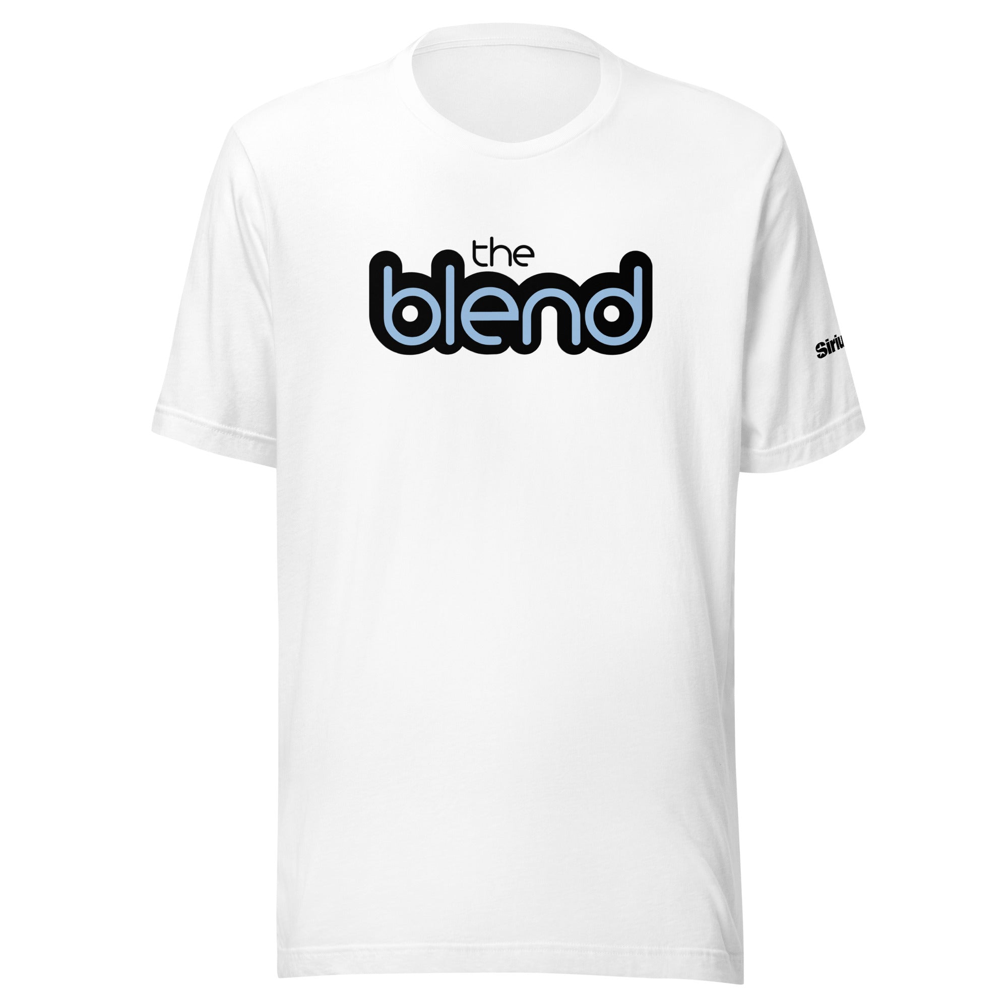 White t-shirt featuring the words 'the blend' in bold black and light blue lettering.