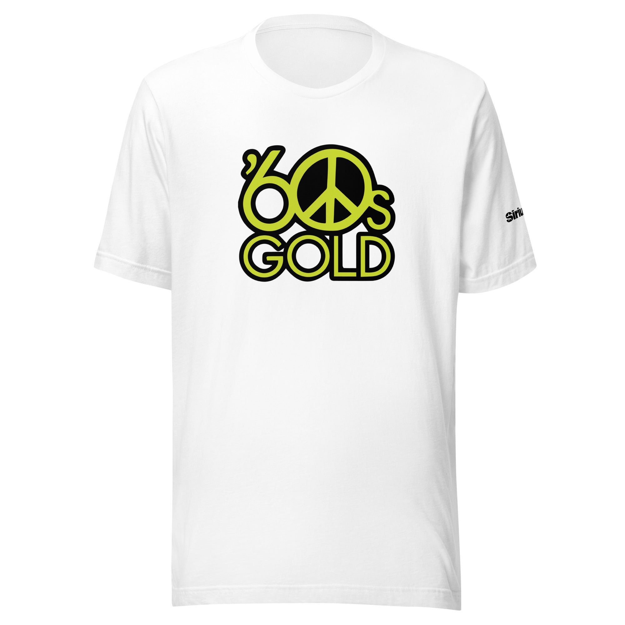 White t-shirt featuring a retro '60s Gold' design with a peace sign in bright yellow and black.