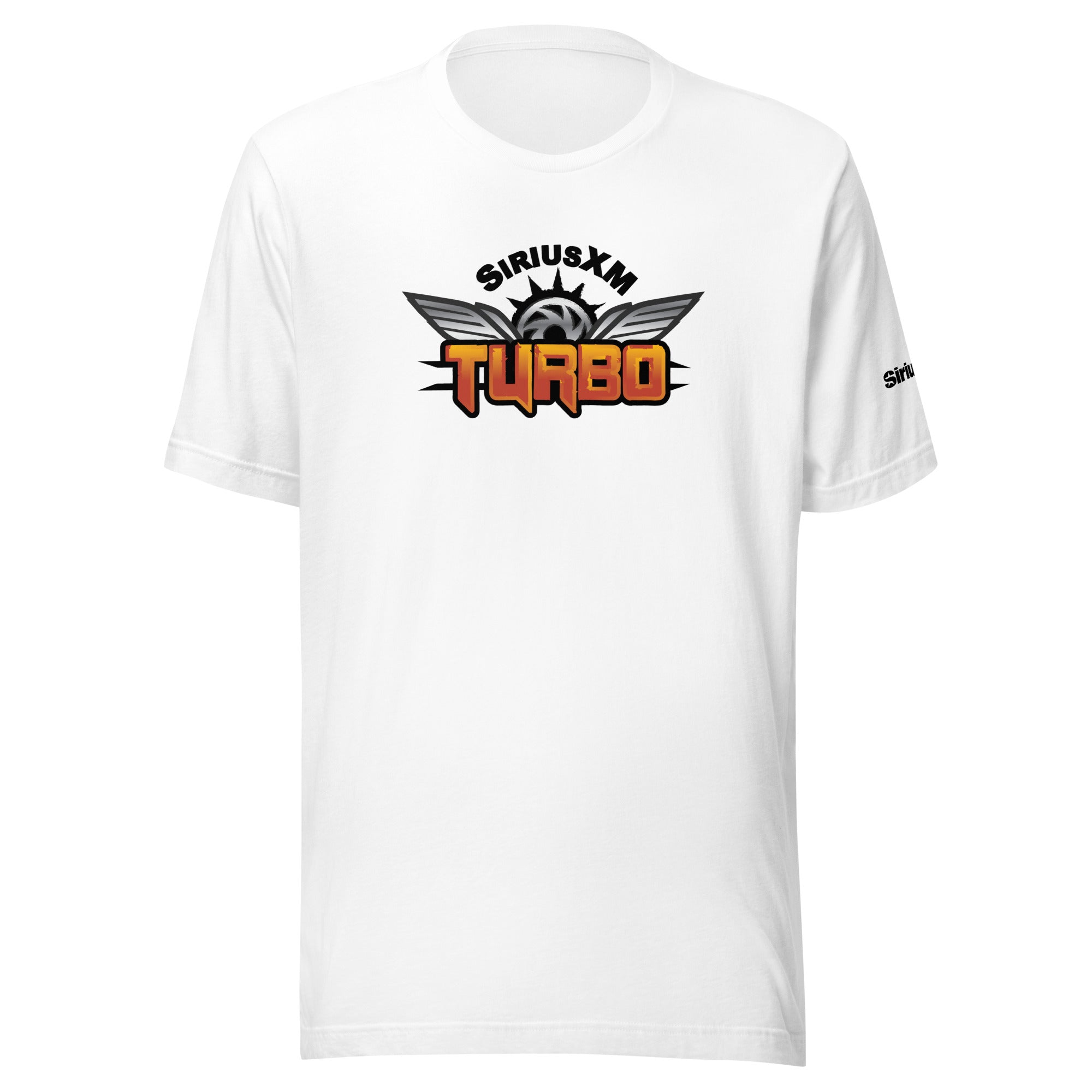 White t-shirt featuring the 'SiriusXM Turbo' logo with wings and decorative elements.