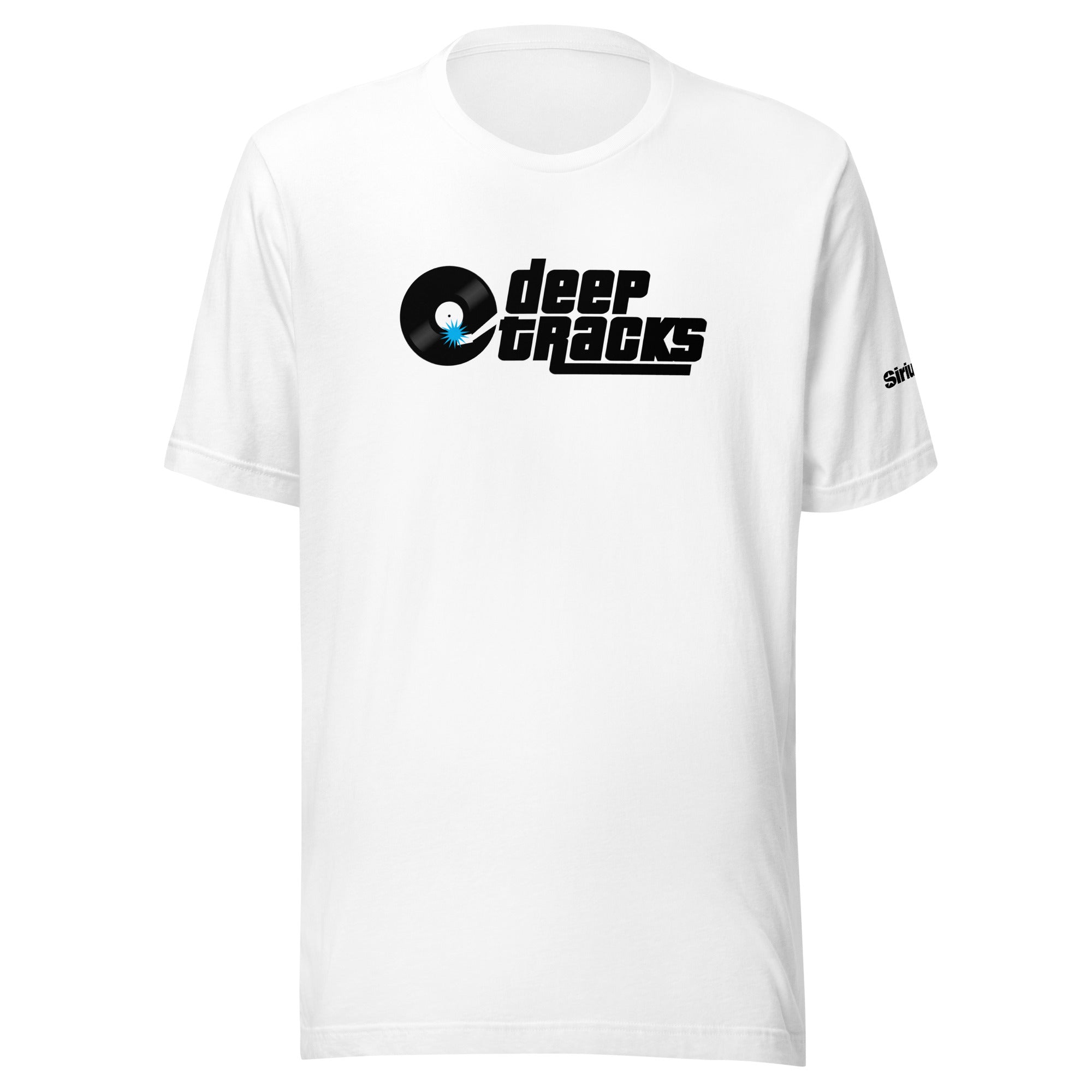 White t-shirt featuring a black logo with a vinyl record and the text 'deep tracks'.