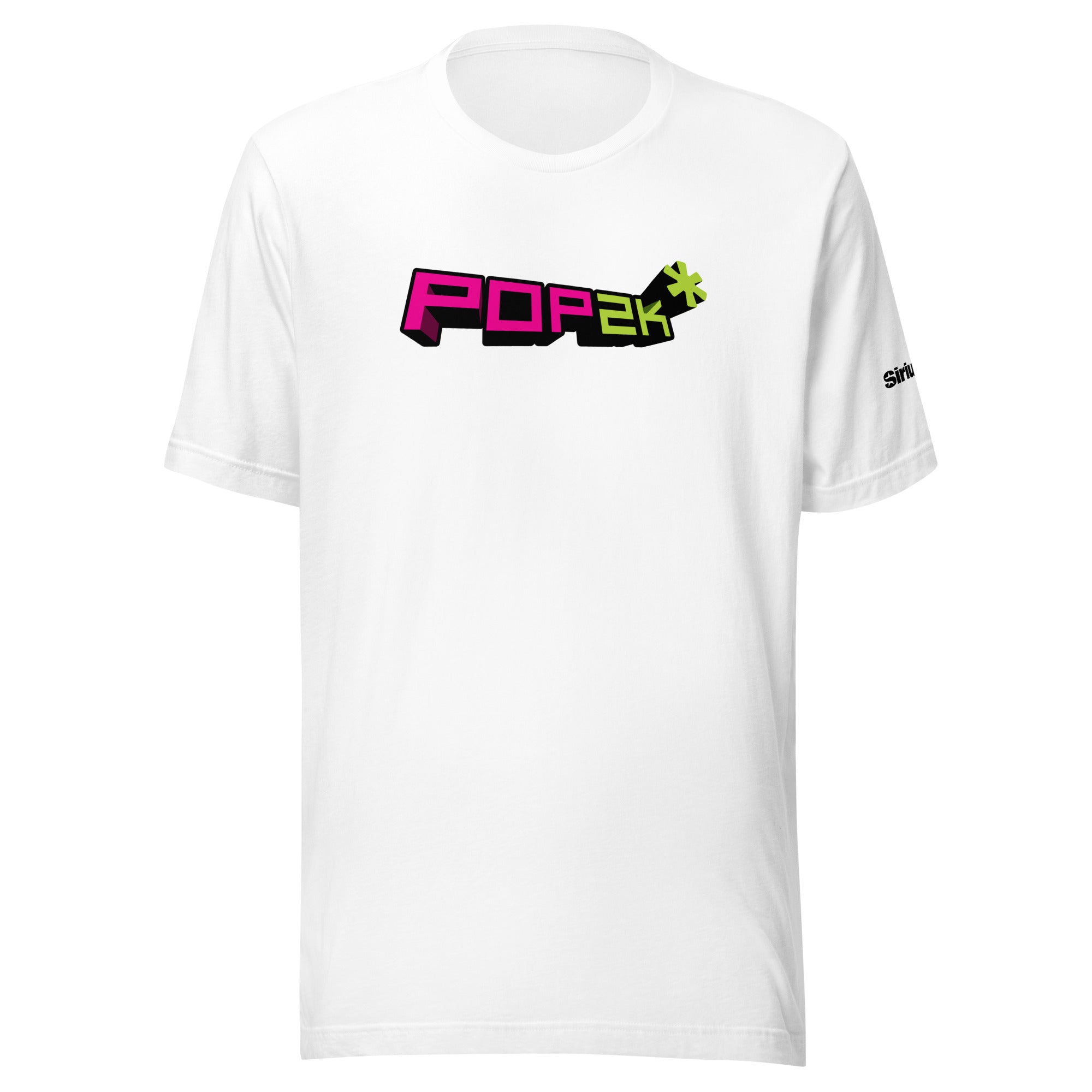 White t-shirt featuring the colorful text 'POP2k*' in bright pink and green on the front.