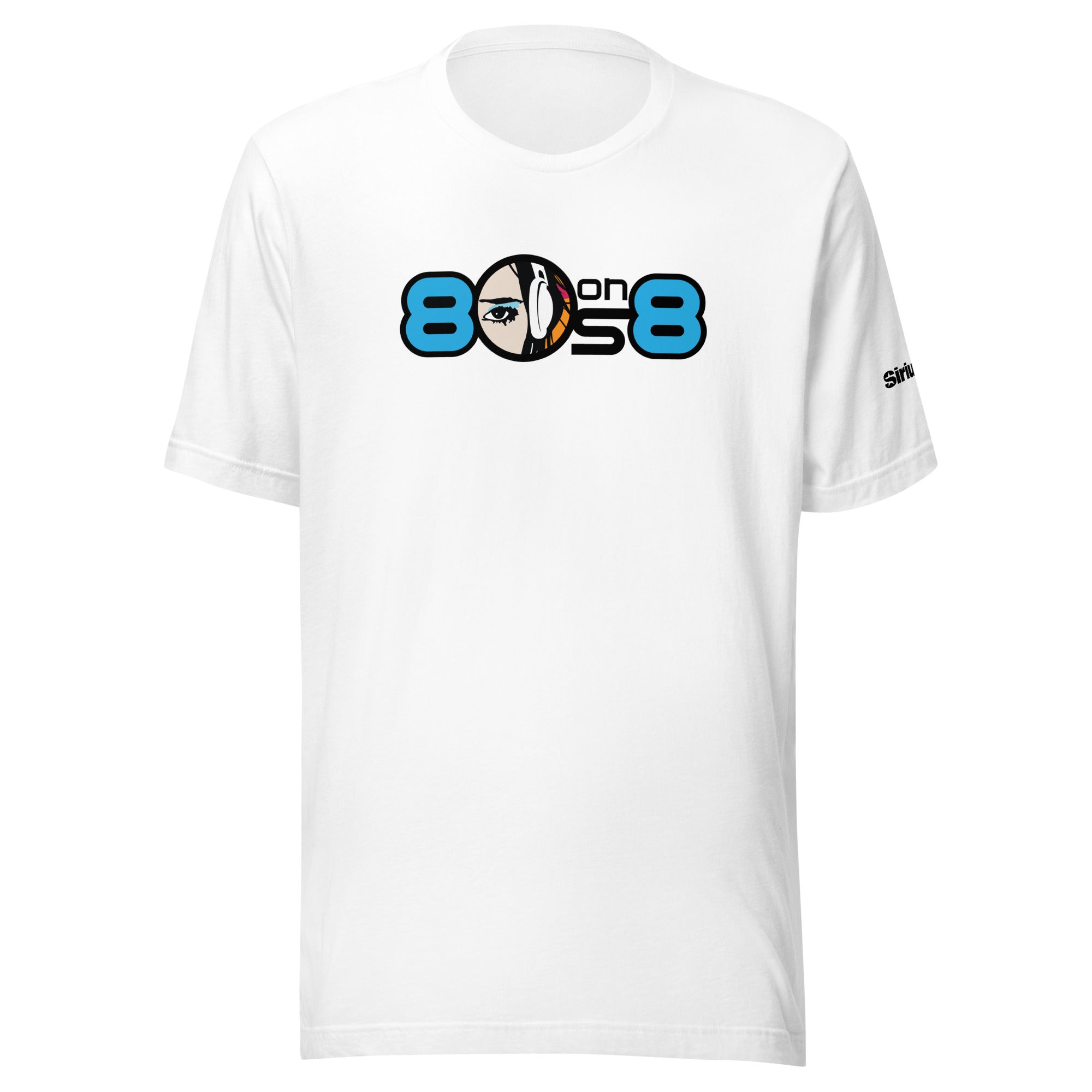 White t-shirt featuring '80s on 8' graphic with a stylized face and headphone design.