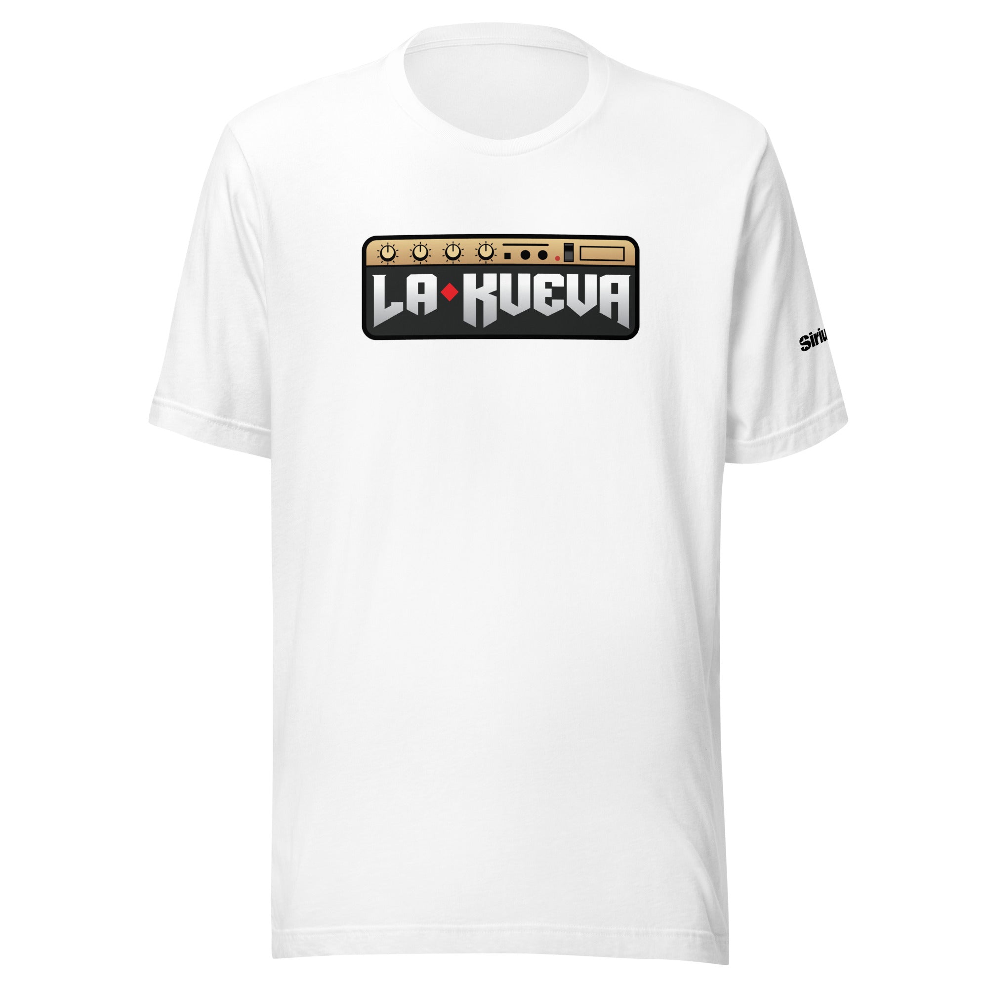 White t-shirt featuring a graphic logo that reads 'LA KUEVA' with a design resembling audio equipment.