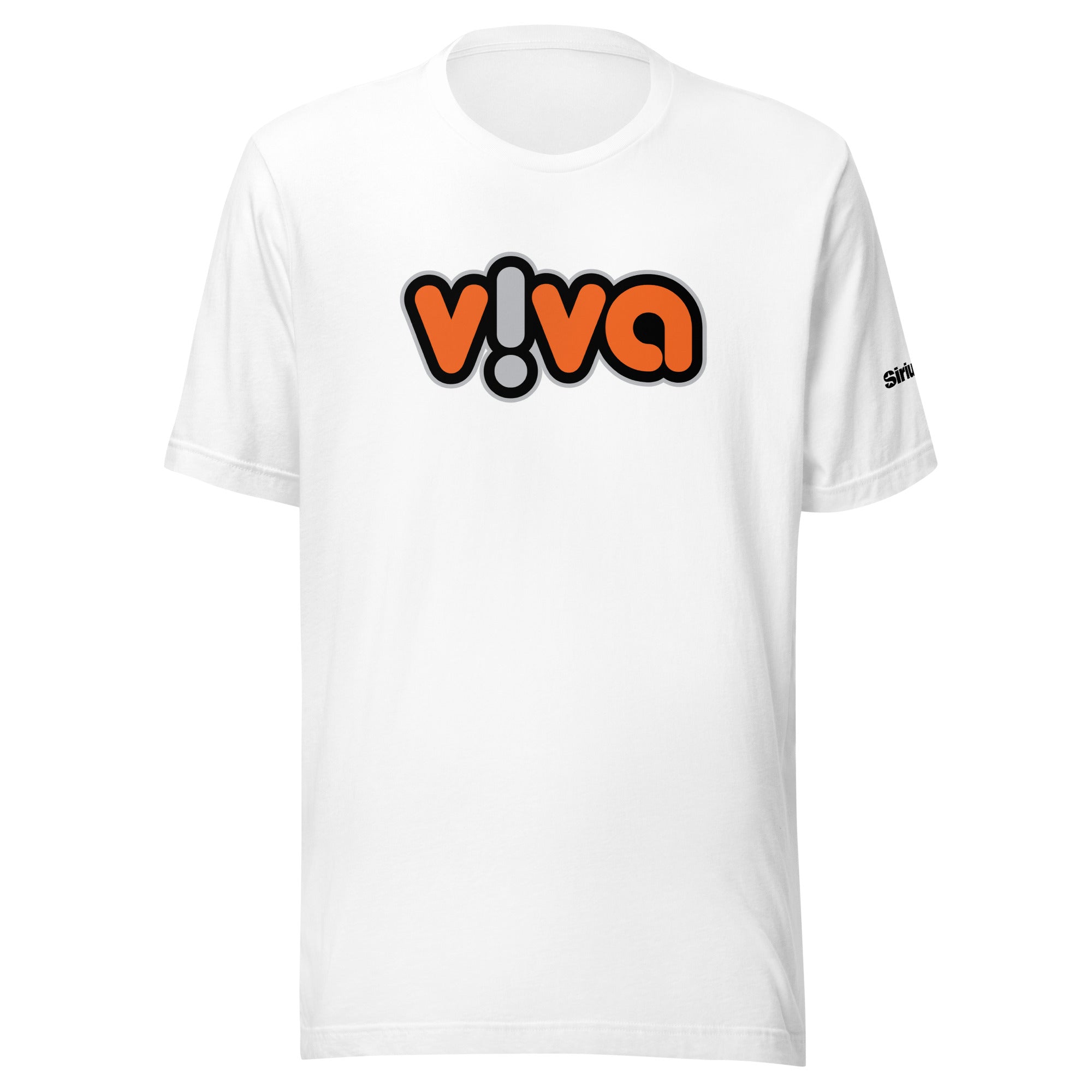 White t-shirt featuring a colorful 'v!va' logo in orange, black and grey on the front.