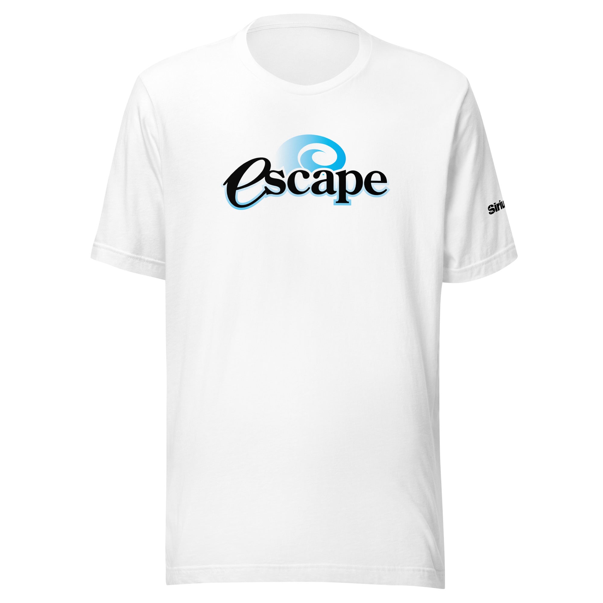 White t-shirt featuring the word 'escape' in stylized black and blue lettering, with a logo on the sleeve.
