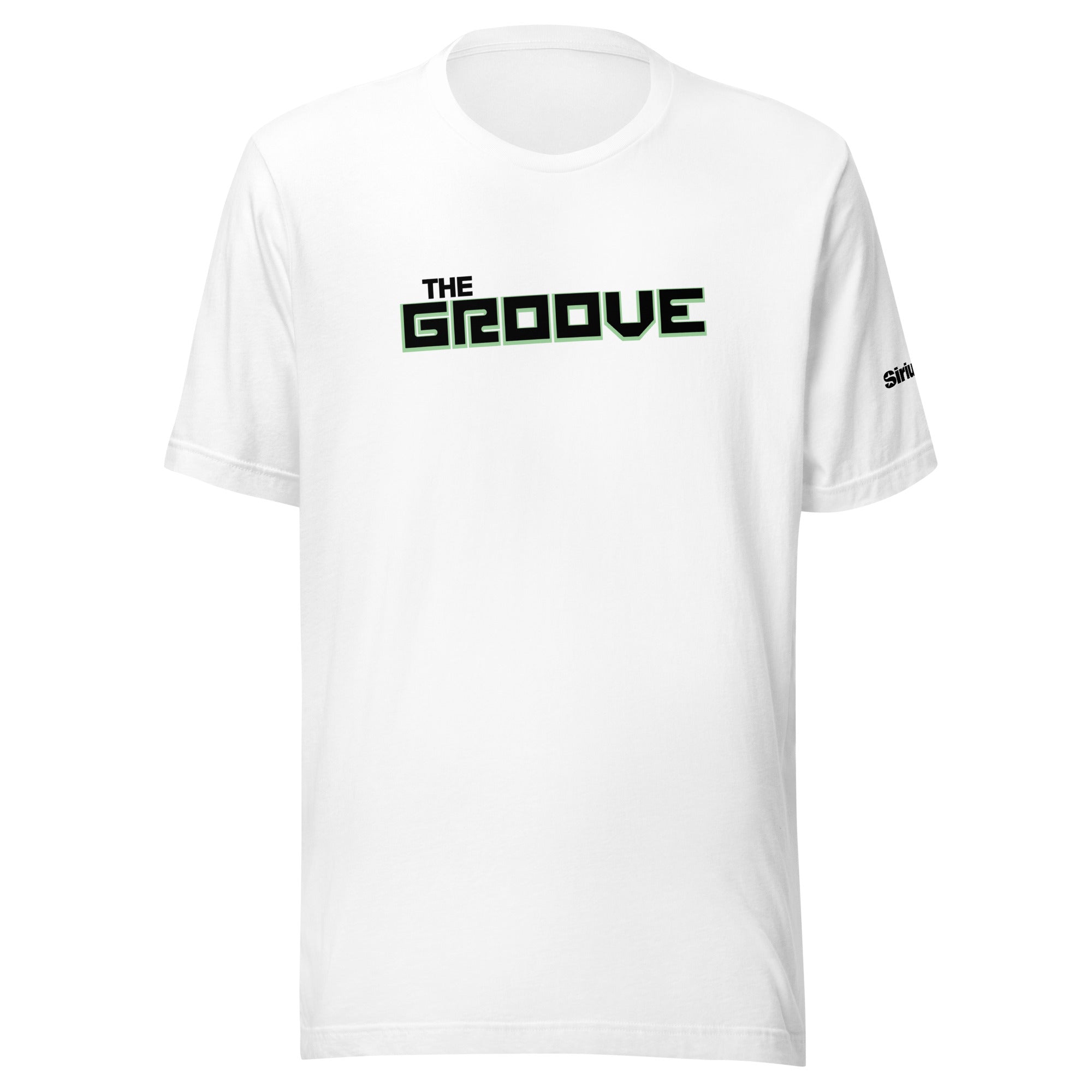 White t-shirt featuring the text 'THE GROOVE' in green and black on the front.