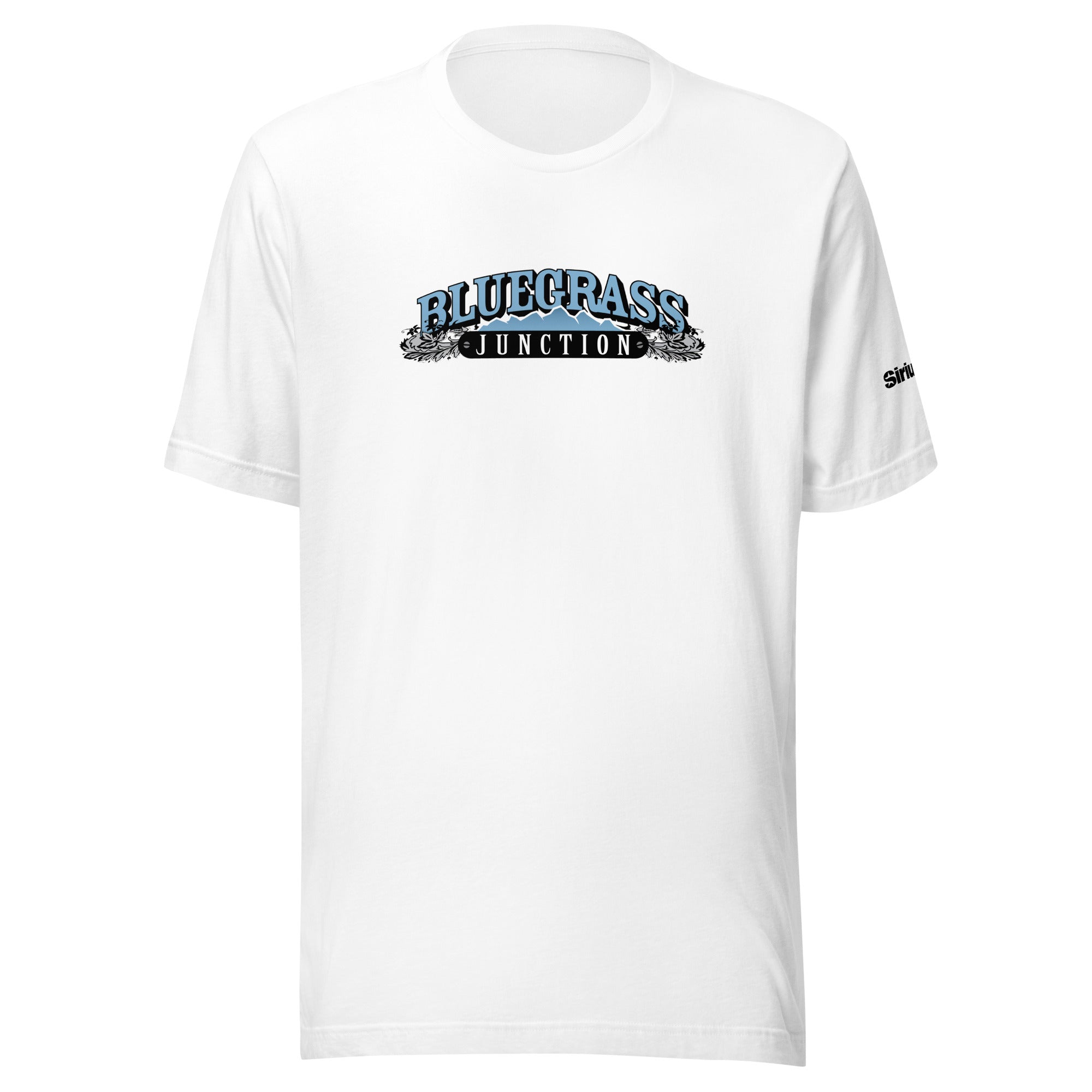 White t-shirt with 'BLUEGRASS JUNCTION' graphic printed on the front.