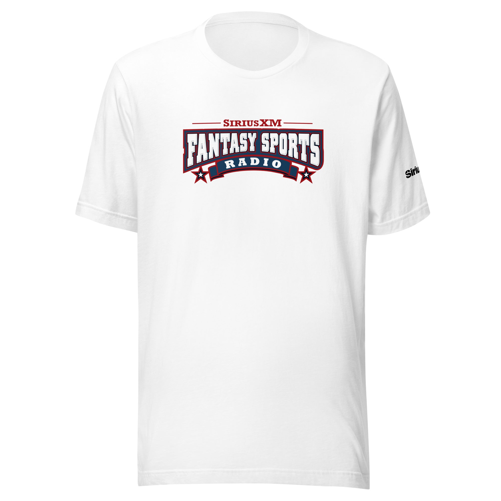 White t-shirt featuring the 'SiriusXM Fantasy Sports Radio' logo in red, white and blue.